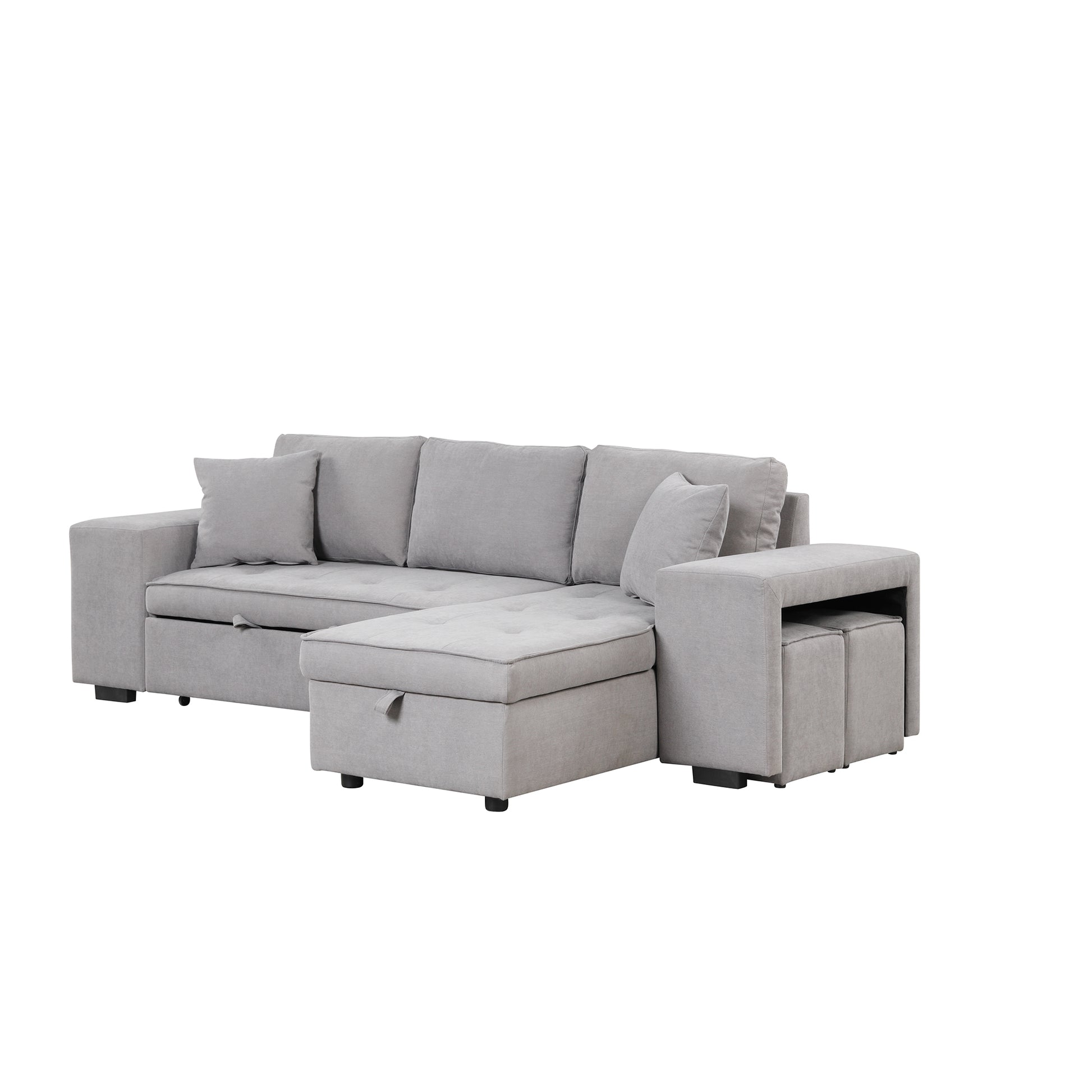 104.5" Pull Out Sleeper Sofa Reversible L Shape 3 Seat Sectional Couch With Storage Chaise And 2 Stools For Living Room Furniture Set,Gray Gray Foam Linen 3 Seat