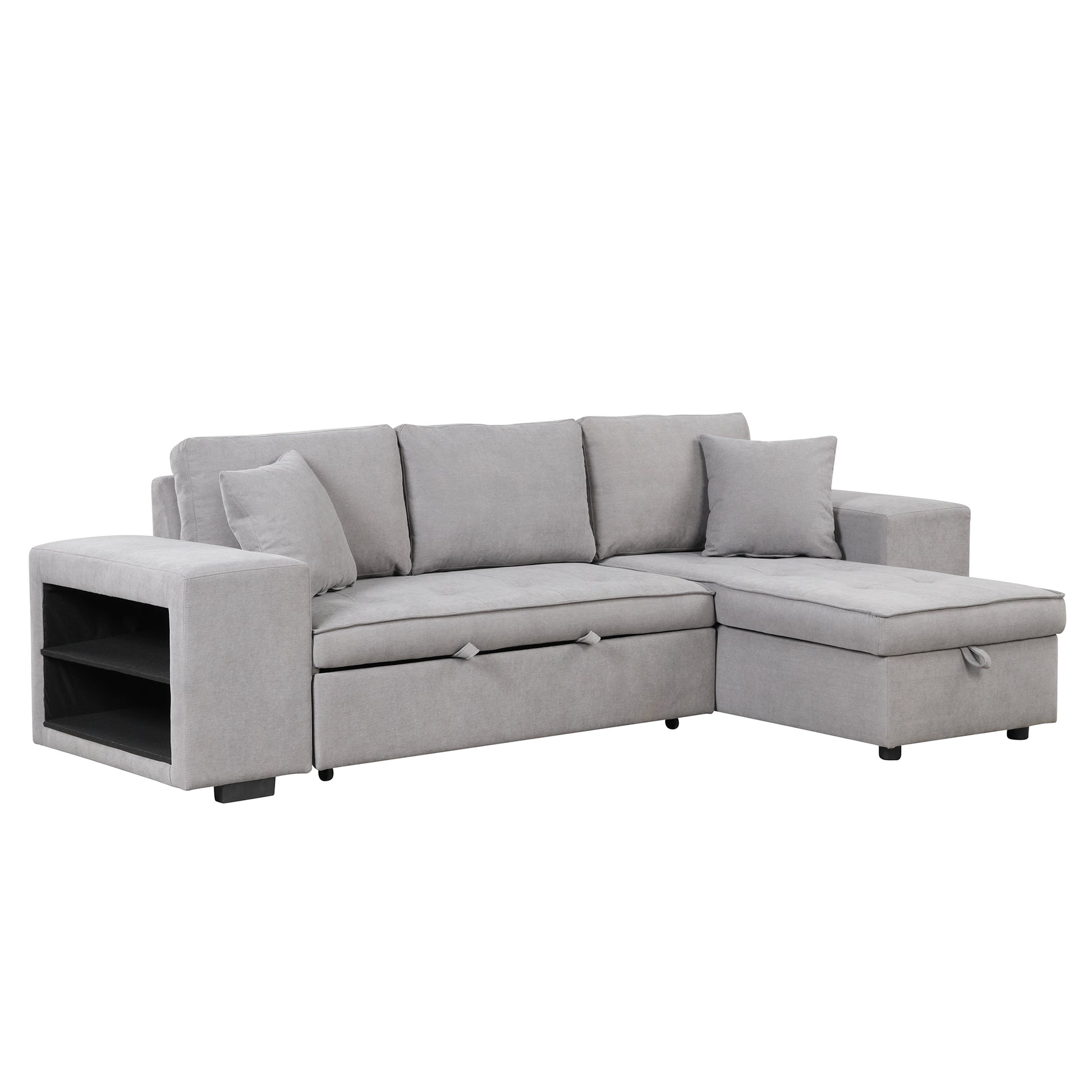 104.5" Pull Out Sleeper Sofa Reversible L Shape 3 Seat Sectional Couch With Storage Chaise And 2 Stools For Living Room Furniture Set,Gray Gray Foam Linen 3 Seat