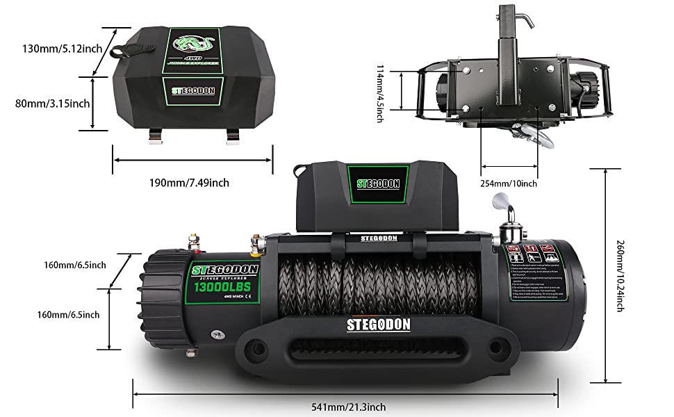 Stegodon 13000 Lbs Electric Winch T3,12V Synthetic Rope With Wireless Handheld Remotes And Wired Handle Black Aluminium