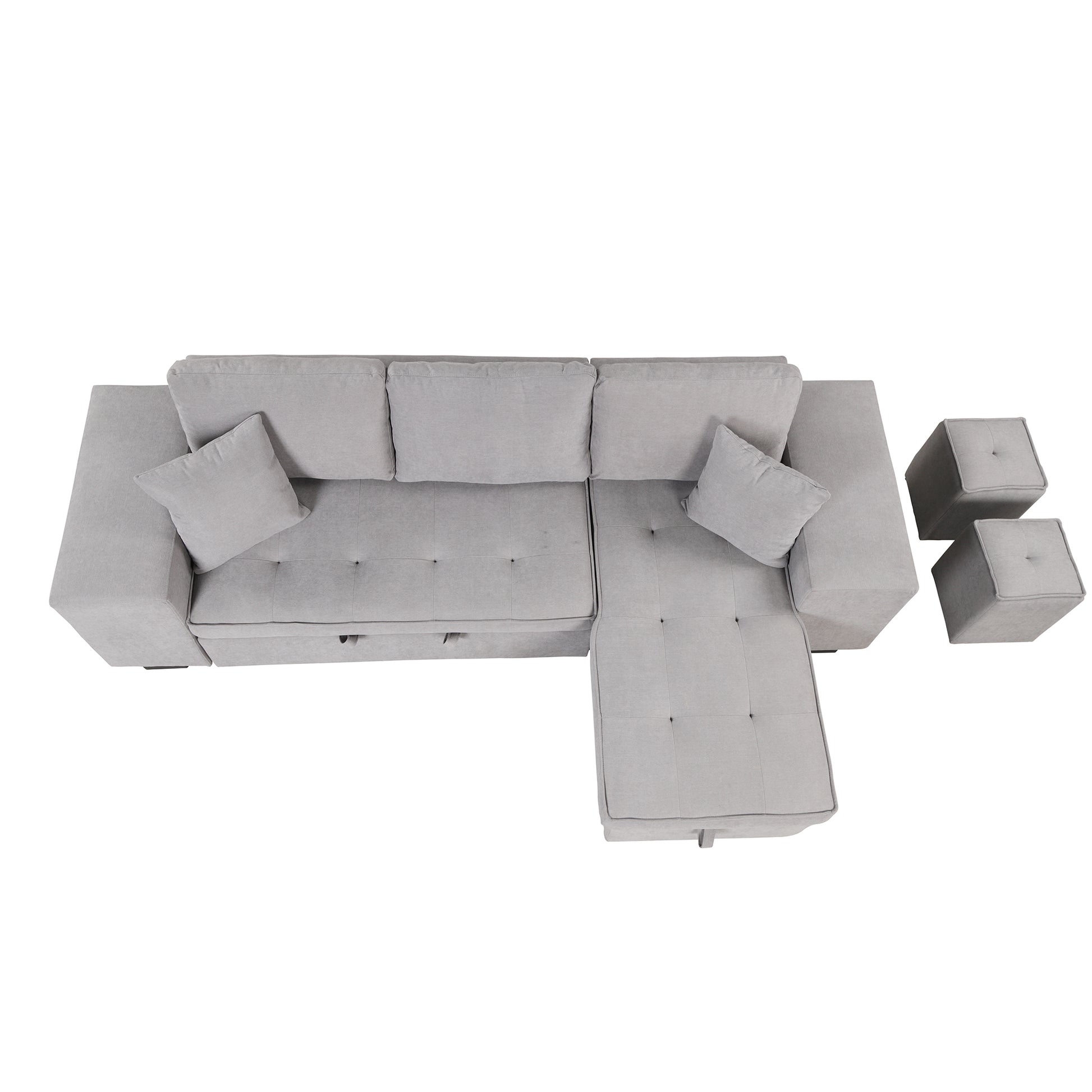 104.5" Pull Out Sleeper Sofa Reversible L Shape 3 Seat Sectional Couch With Storage Chaise And 2 Stools For Living Room Furniture Set,Gray Gray Foam Linen 3 Seat