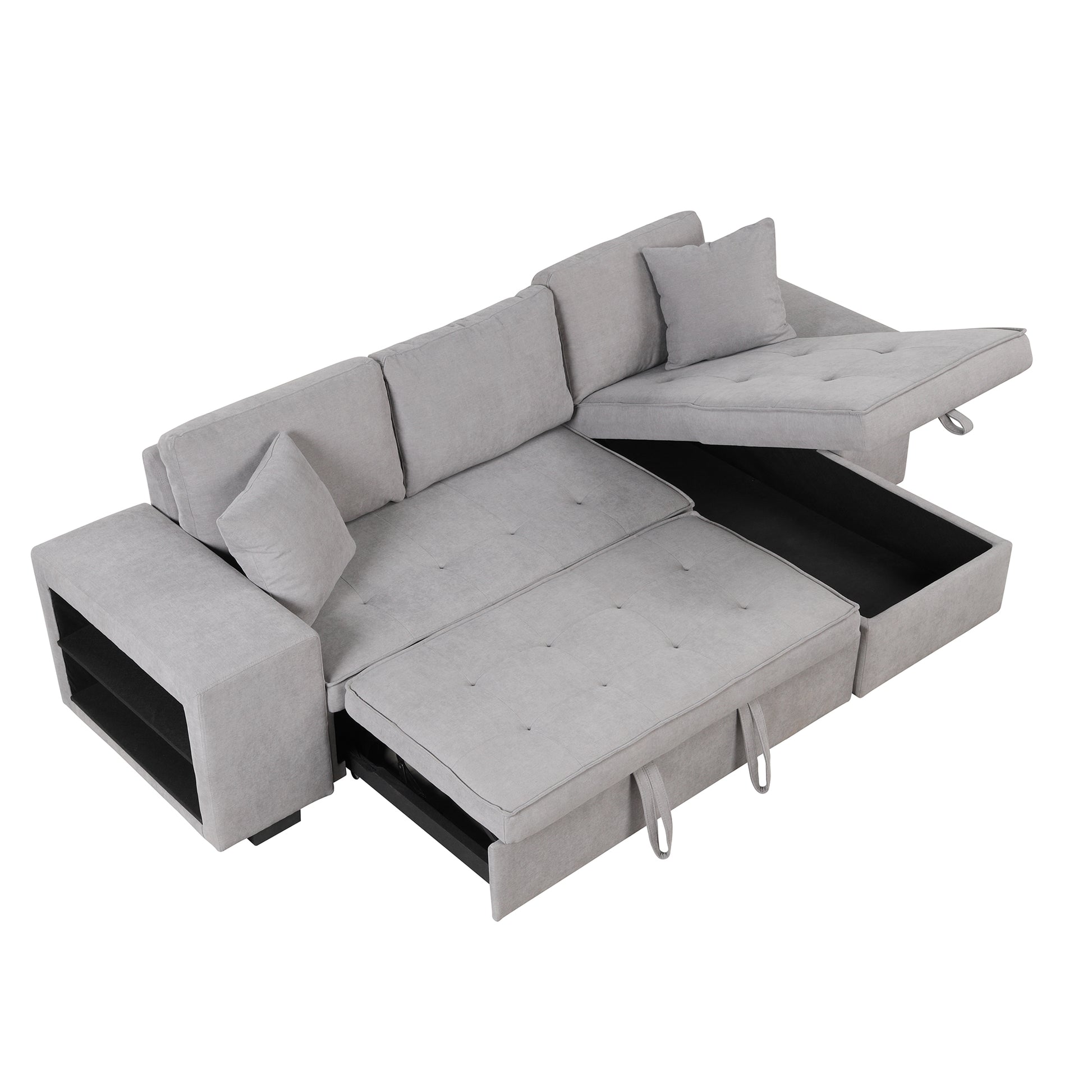 104.5" Pull Out Sleeper Sofa Reversible L Shape 3 Seat Sectional Couch With Storage Chaise And 2 Stools For Living Room Furniture Set,Gray Gray Foam Linen 3 Seat