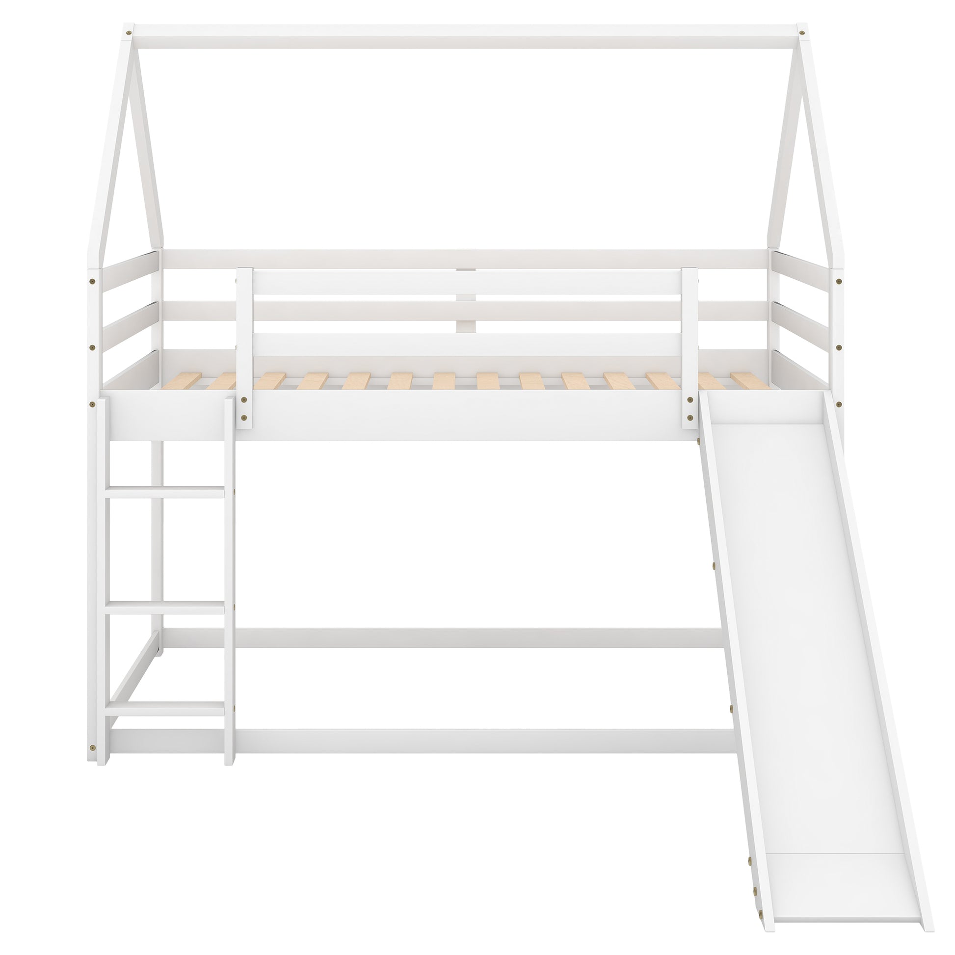 Twin Size Bunk House Bed With Slide And Ladder,White White Pine