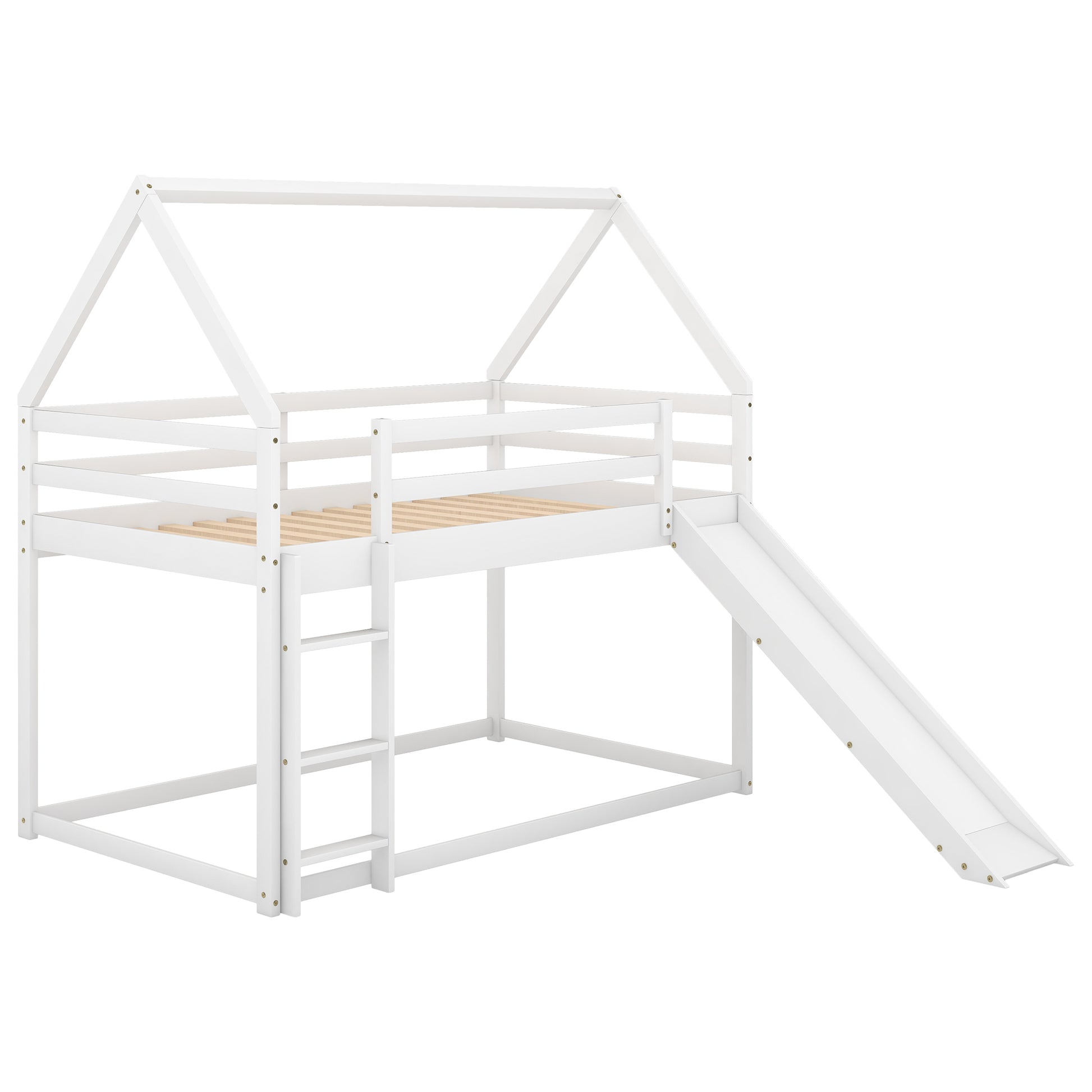 Twin Size Bunk House Bed With Slide And Ladder,White White Pine