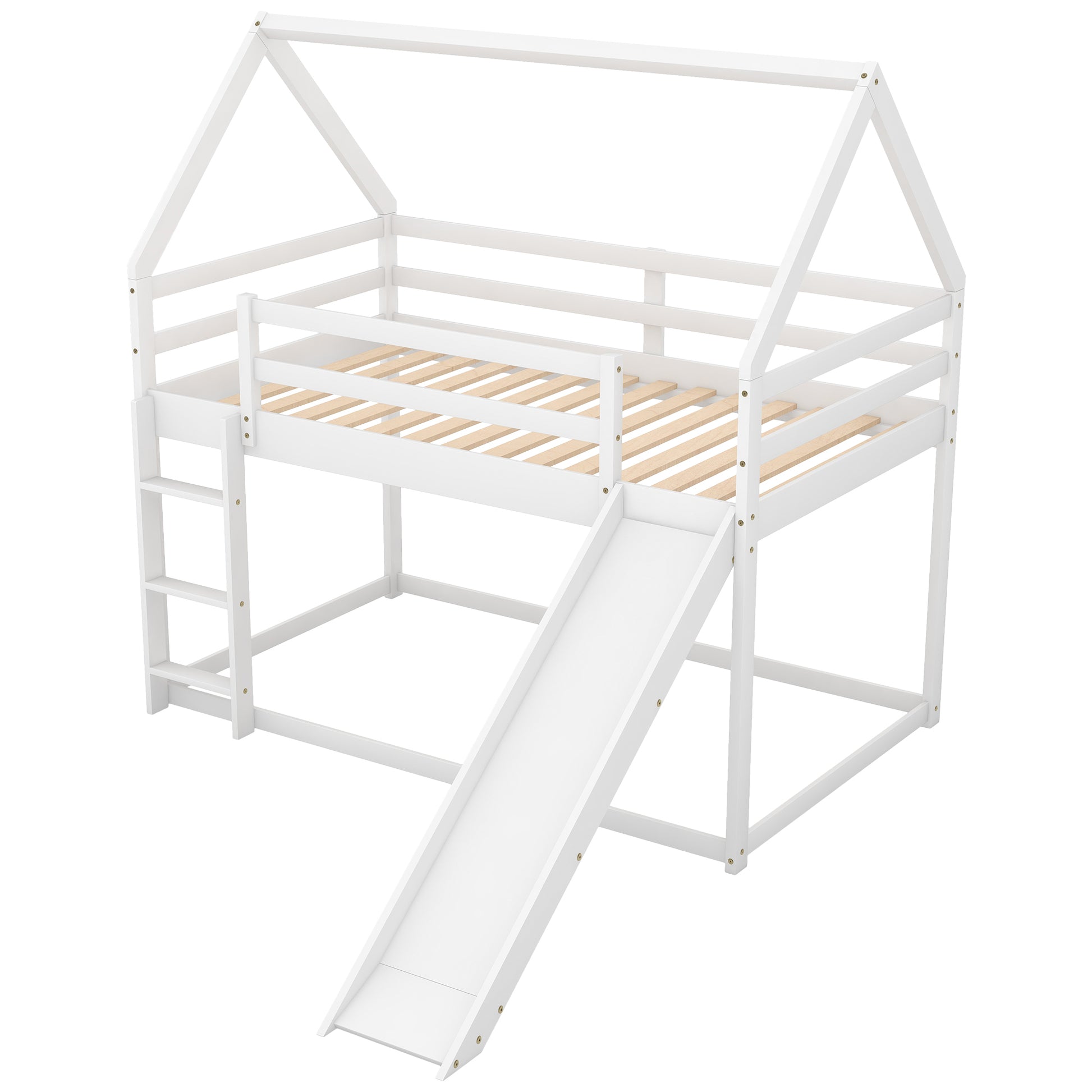 Twin Size Bunk House Bed With Slide And Ladder,White White Pine