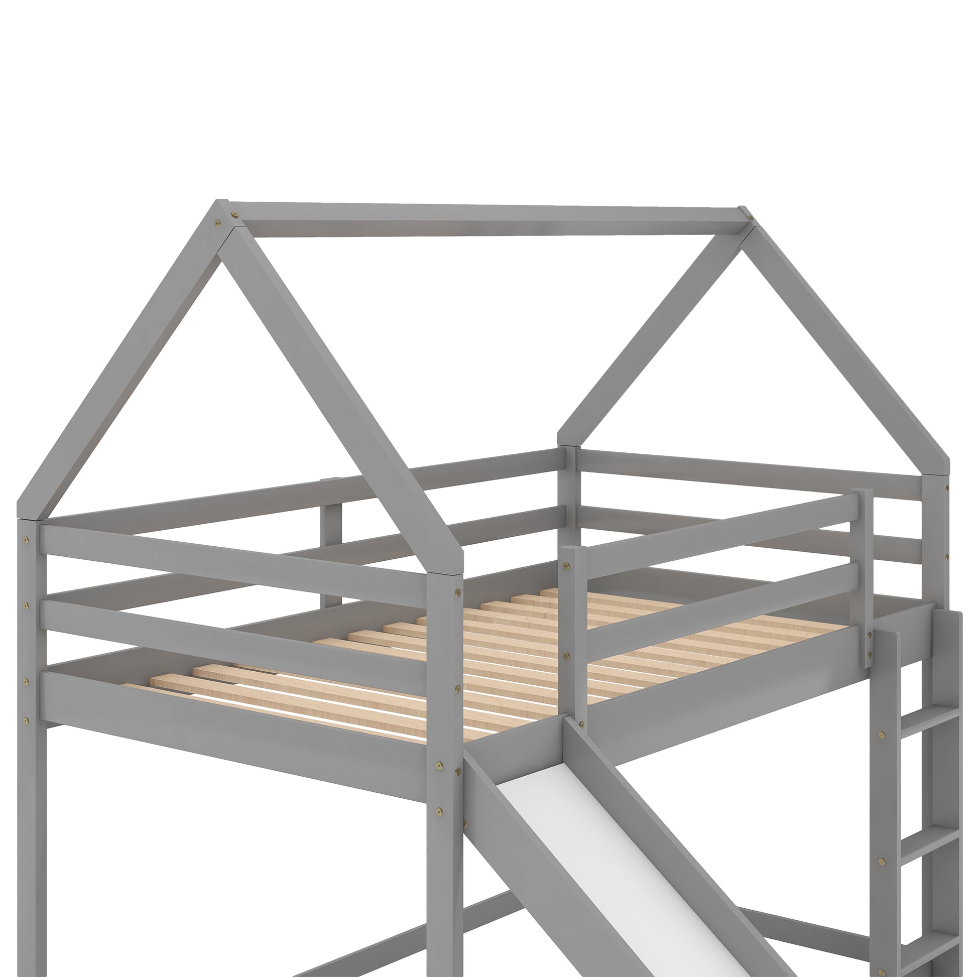 Twin Size Bunk House Bed With Slide And Ladder,Gray Twin Gray Pine