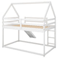 Twin Size Bunk House Bed With Slide And Ladder,White White Pine