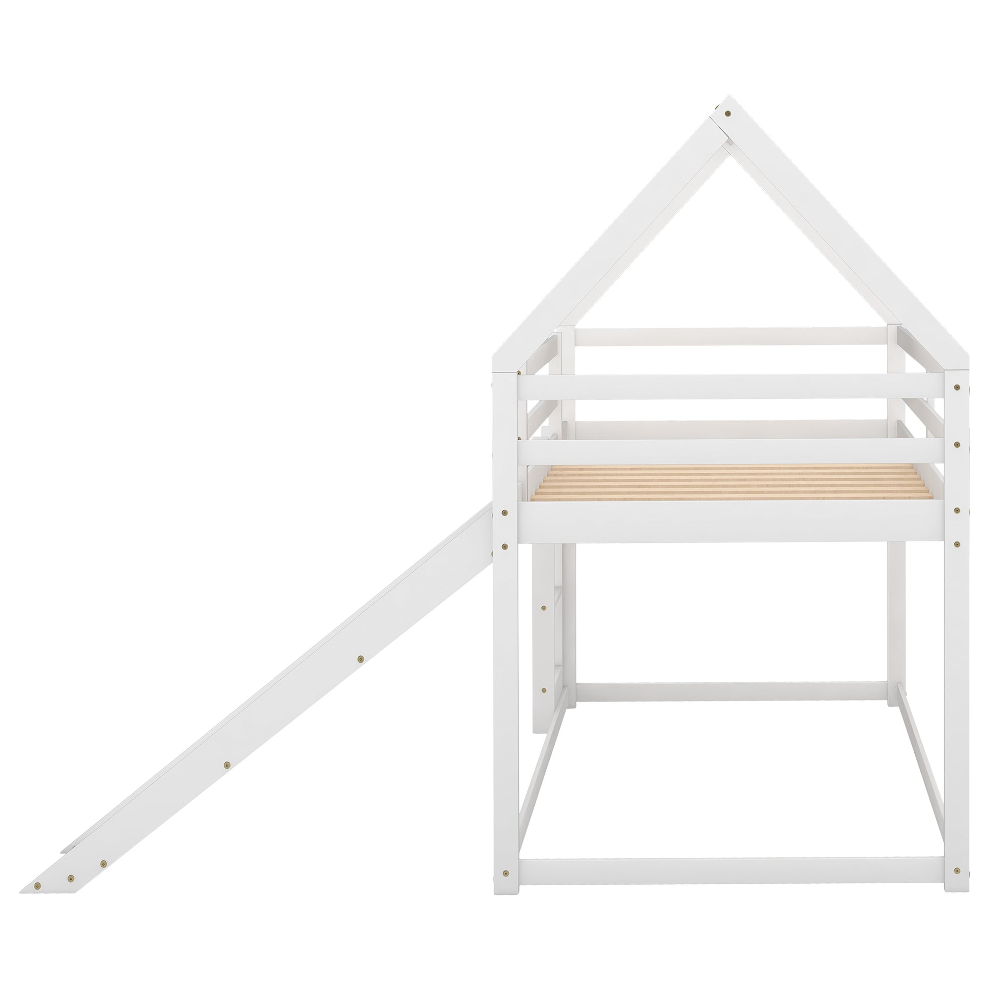 Twin Size Bunk House Bed With Slide And Ladder,White White Pine