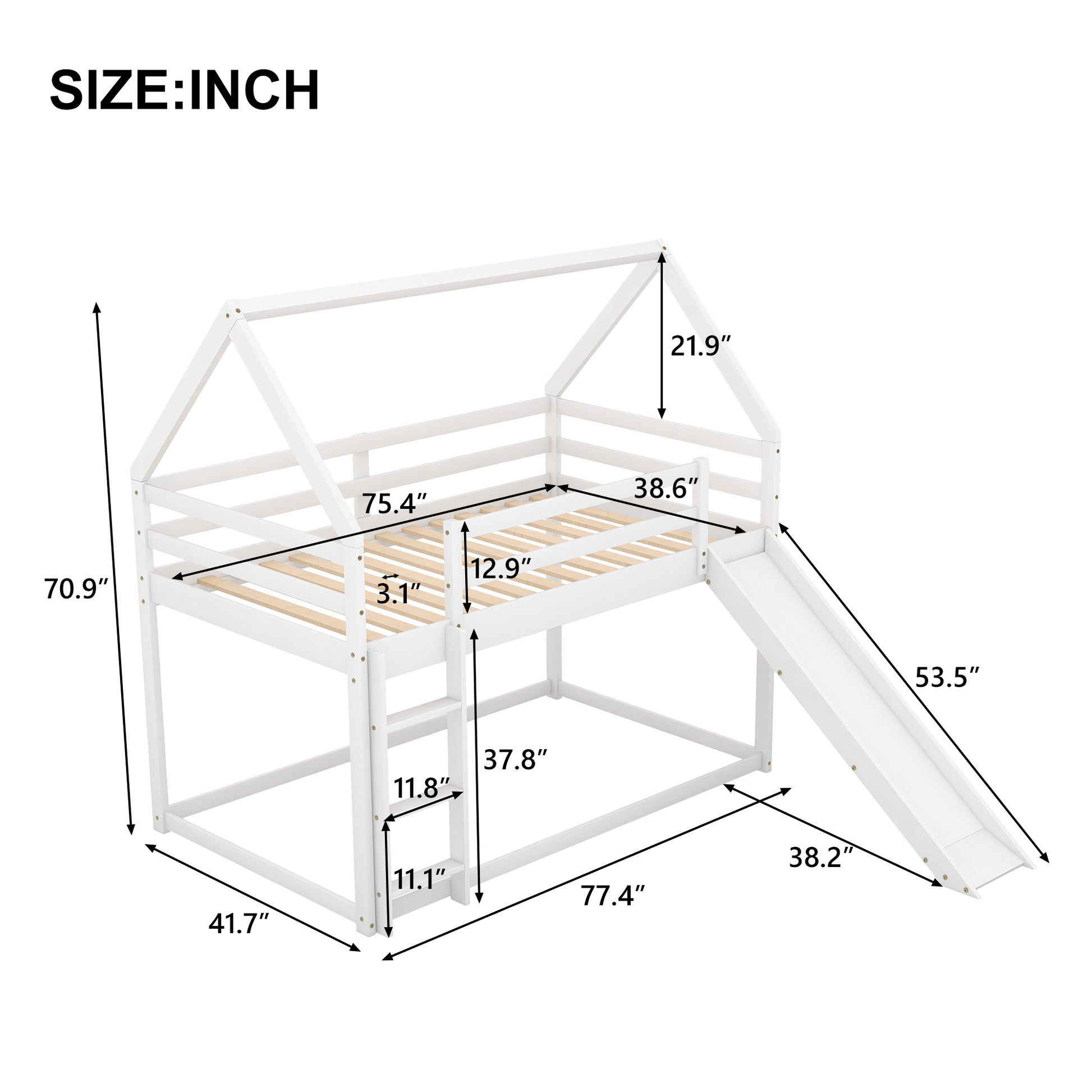 Twin Size Bunk House Bed With Slide And Ladder,White White Pine