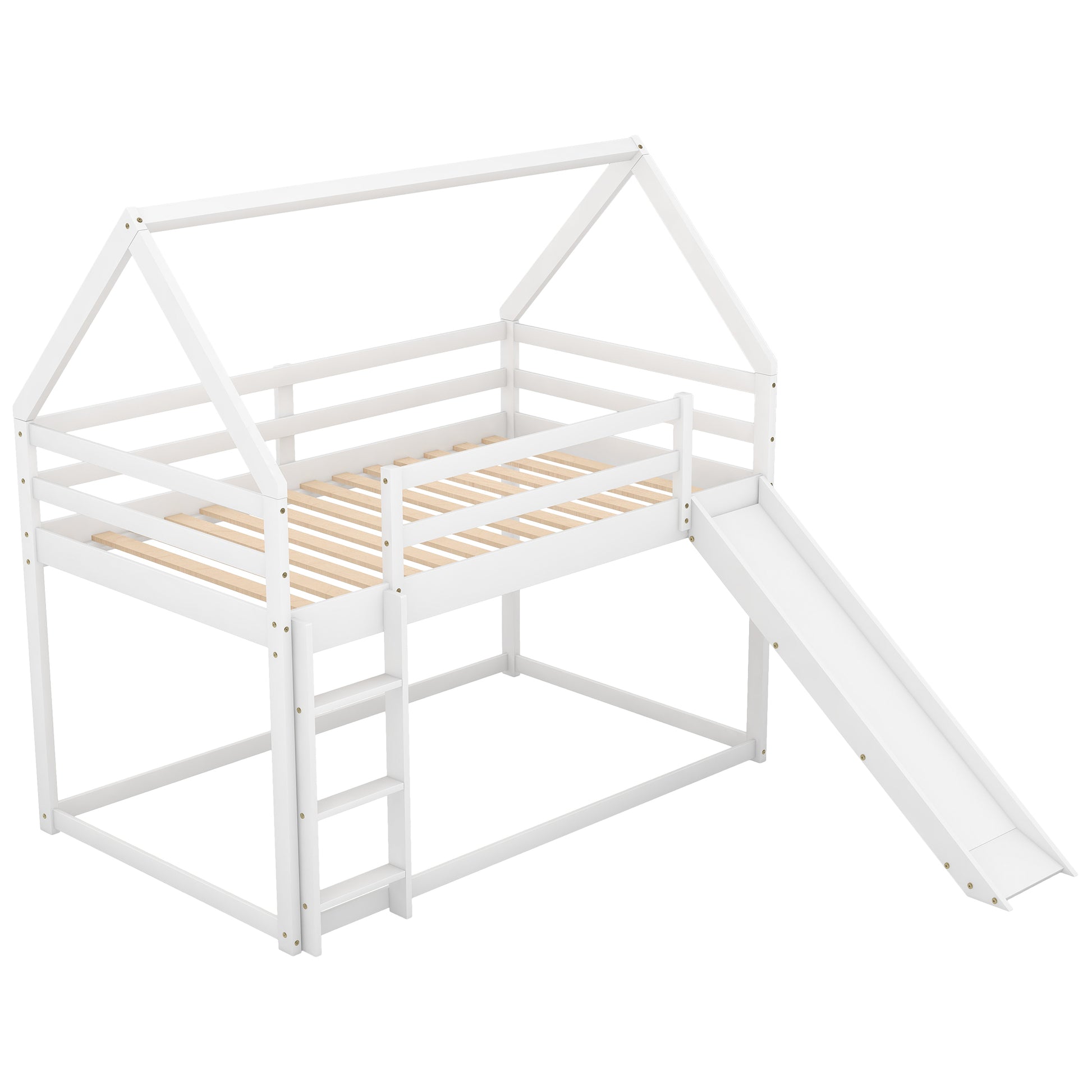 Twin Size Bunk House Bed With Slide And Ladder,White White Pine