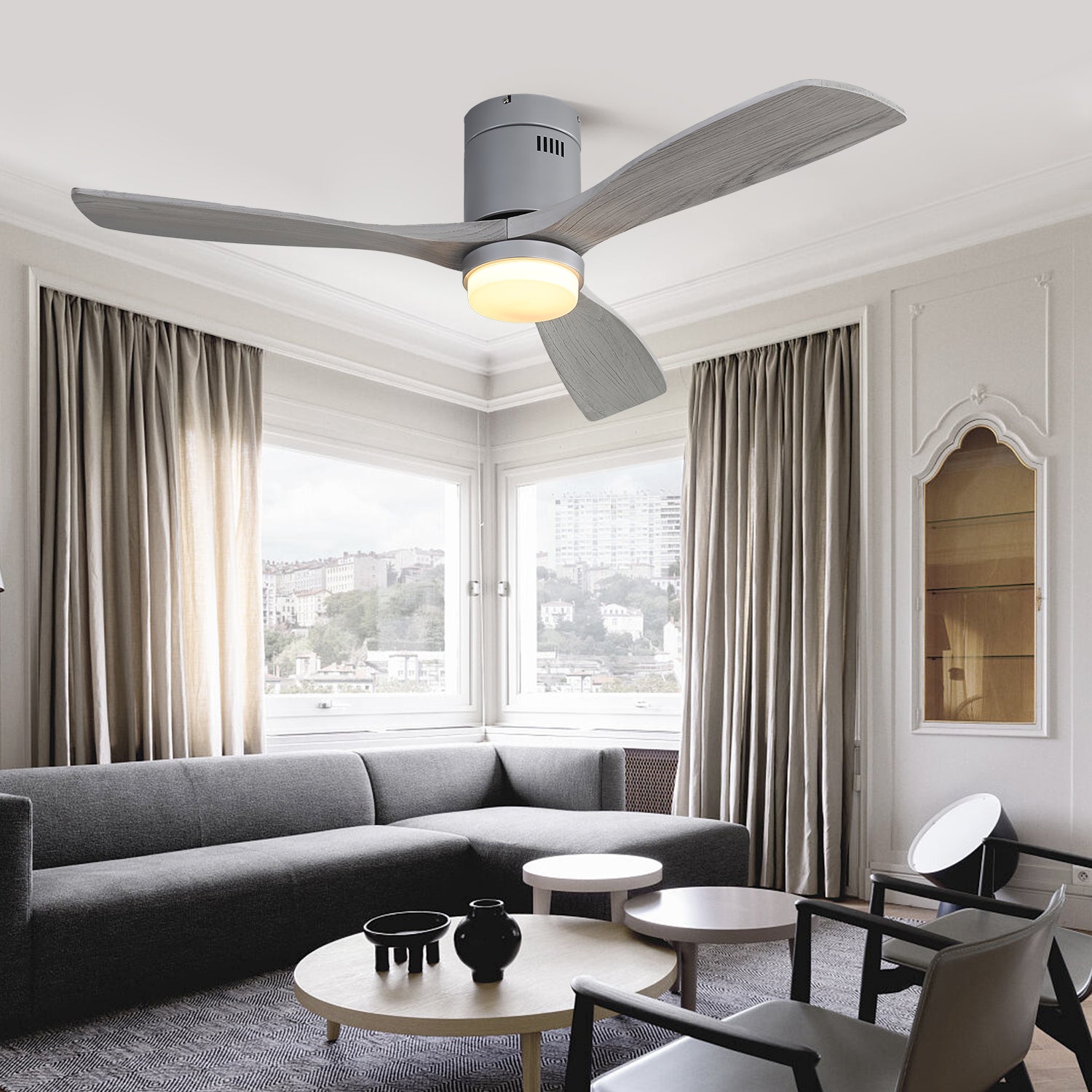 52 Inch S 3 Solid Wood Fan Blade Noiseless Reversible Motor Remote Control With Light Silver Metal & Wood