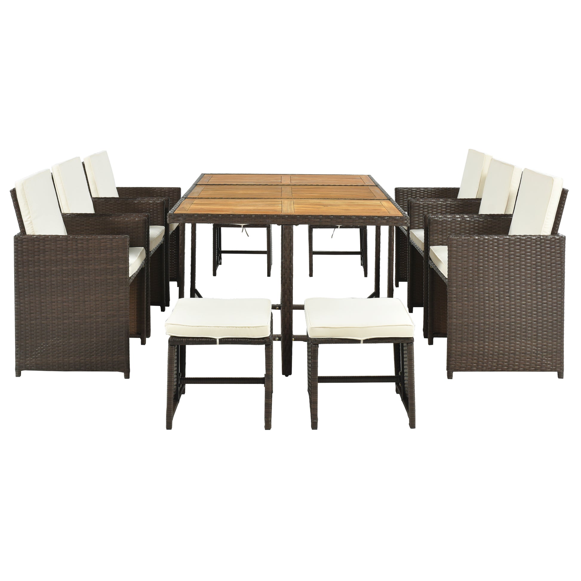 11 Piece Patio All Weather Pe Wicker Dining Table Set With Wood Tabletop For 10, Brown Rattan Beige Cushion Yes Complete Patio Set Brown Water Resistant Frame Water Resistant Cushion Garden & Outdoor Casual Complete Patio Sets Foam Rattan