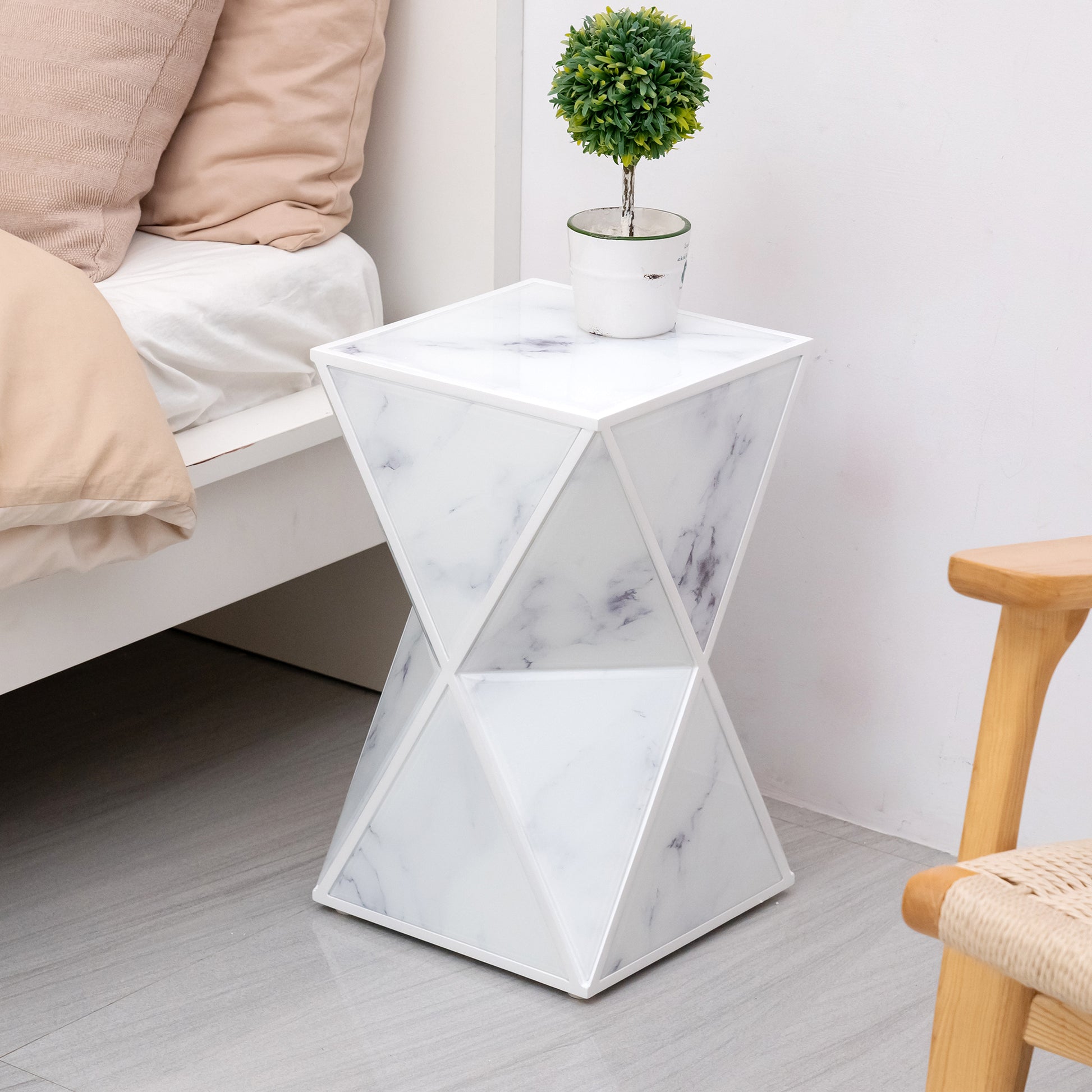 Geometry End Table, Glass Nightstand, Marble Table, White Table For Bedroom Living Room White Glass