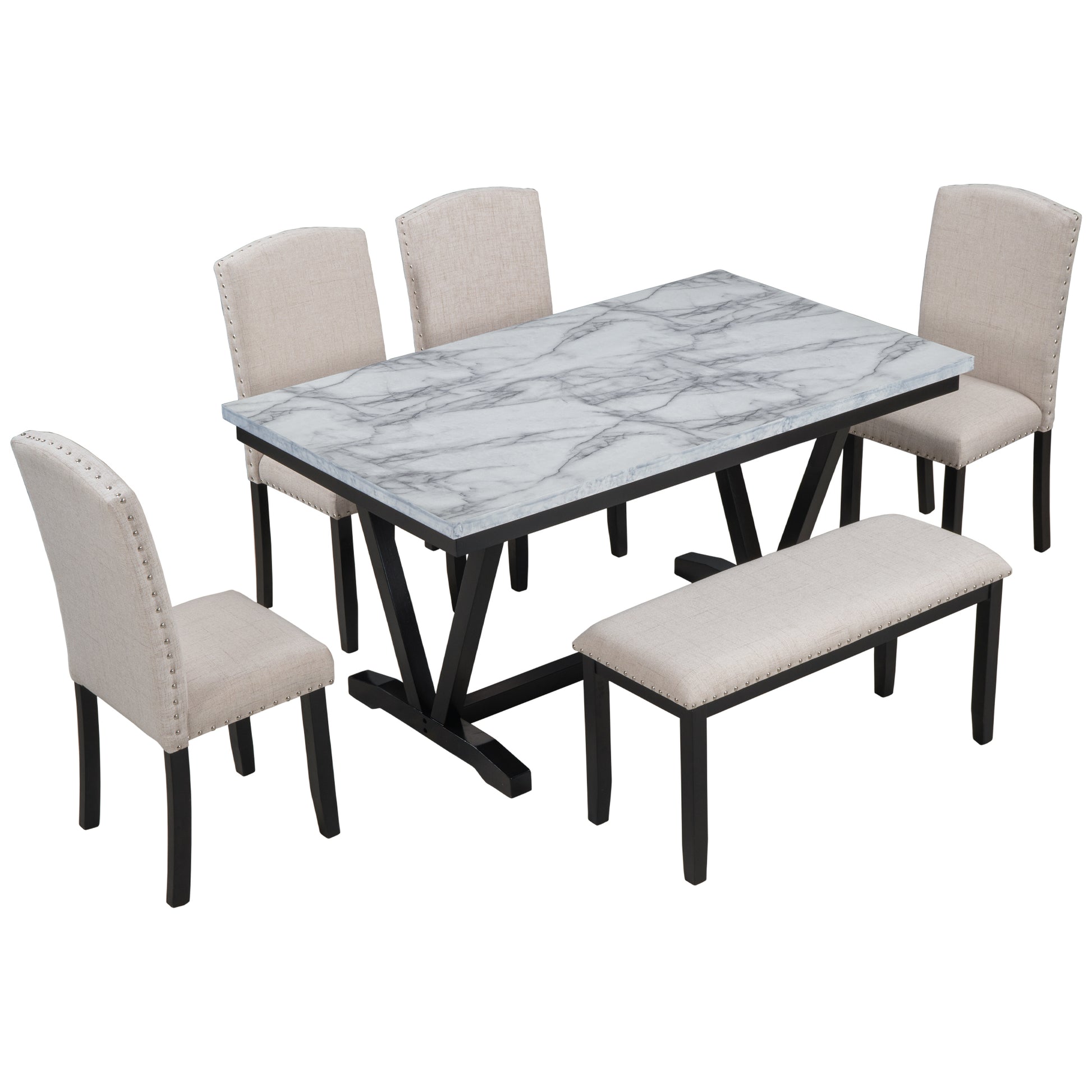 Modern Style 6 Piece Dining Table With 4 Chairs & 1 Bench, Table With Marbled Veneers Tabletop And V Shaped Table Legs White White Solid Wood