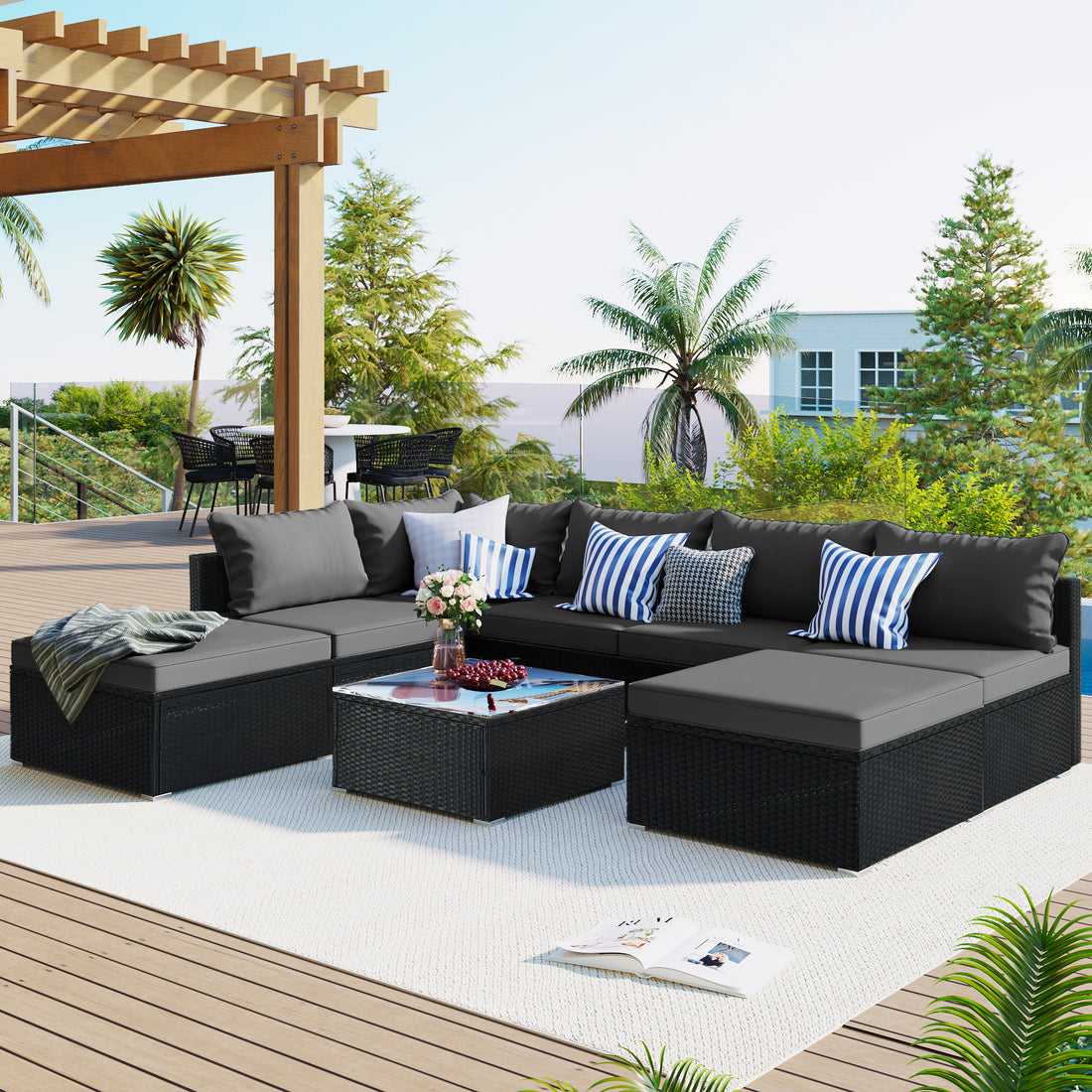 8 Pieces Outdoor Patio Furniture Sets, Garden Conversation Wicker Sofa Set, Single Sofa Combinable, Gray Cushions Black Wicker Yes Gray Wicker