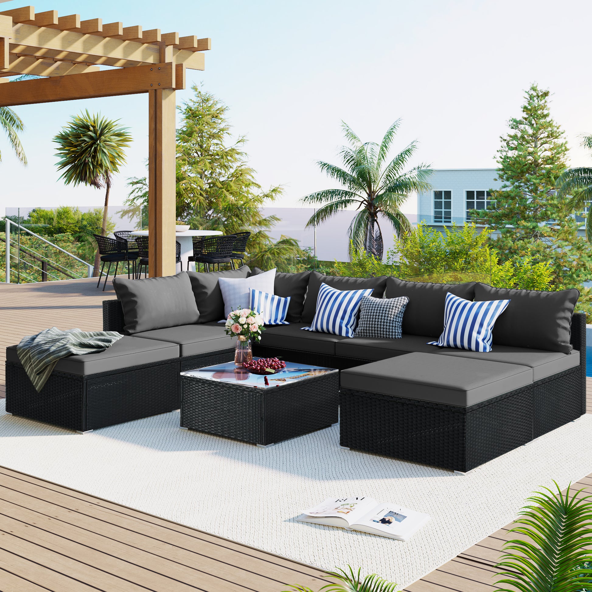 8 Pieces Outdoor Patio Furniture Sets, Garden Conversation Wicker Sofa Set, Single Sofa Combinable, Gray Cushions Black Wicker Yes Gray Wicker