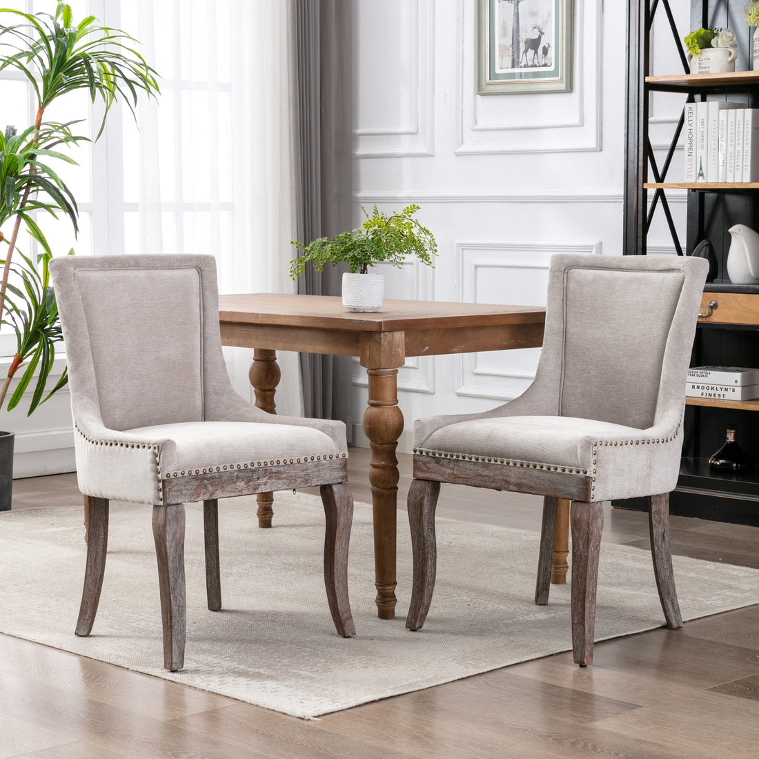 Ultra Side Dining Chair Thickened Fabric Chairs With Neutrally Toned Solid Wood Legs Bronze Nail Head Set Of 2 Beige Beige Foam Fabric