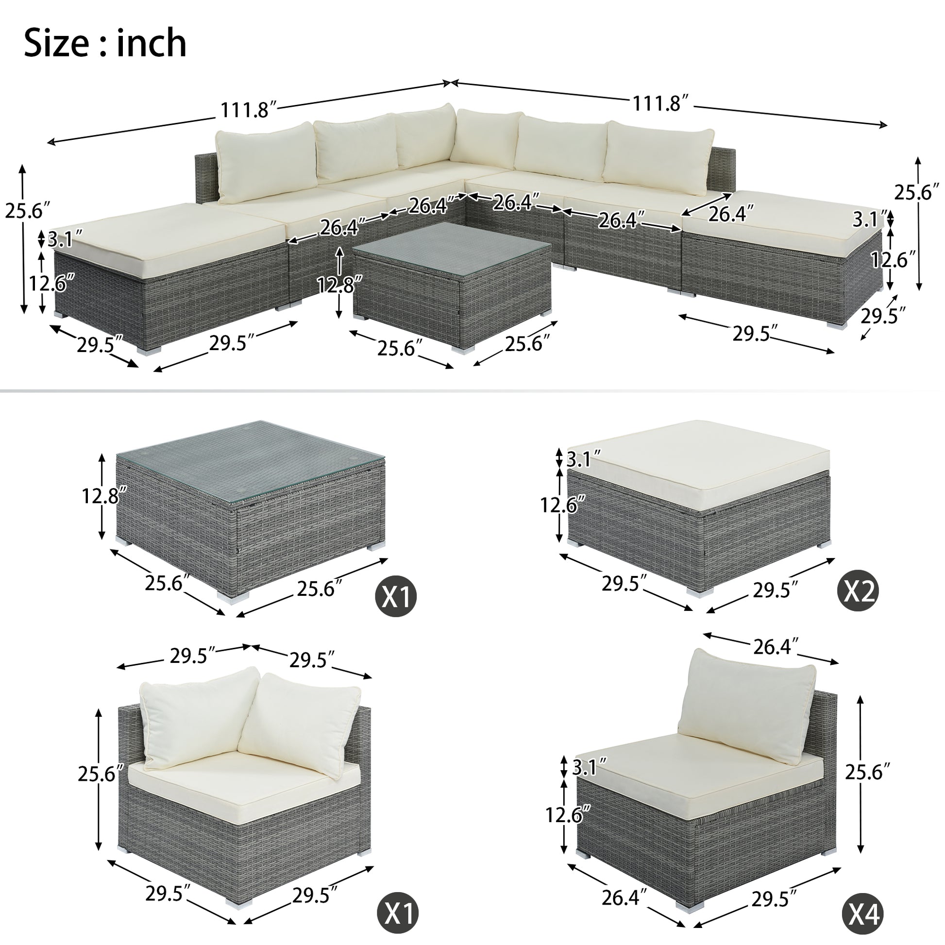 8 Pieces Outdoor Patio Furniture Sets, Garden Conversation Wicker Sofa Set, Single Sofa Combinable, Beige Cushions Gray Wicker Yes Beige Wicker