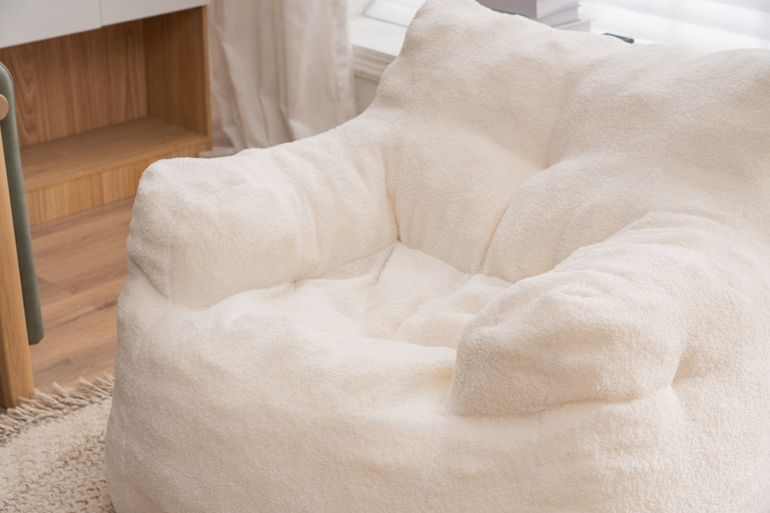 010 Soft Teddy Fabric Tufted Foam Bean Bag Chair With Teddy Fabric Ivory White Ivory Primary Living Space Soft Modern Foam Teddy