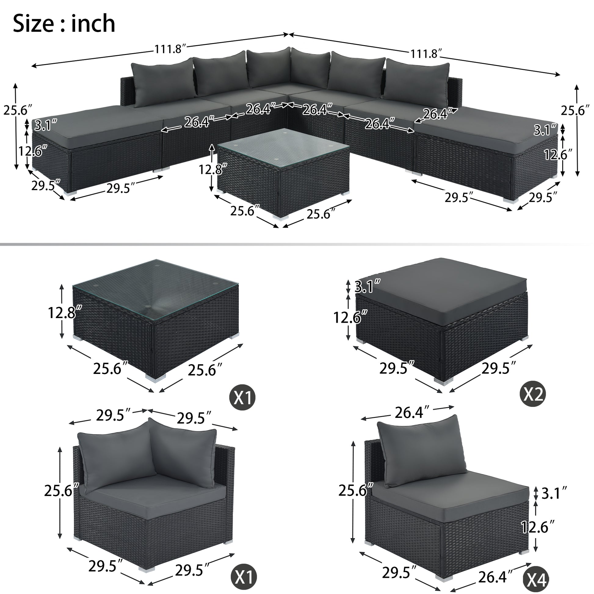 8 Pieces Outdoor Patio Furniture Sets, Garden Conversation Wicker Sofa Set, Single Sofa Combinable, Gray Cushions Black Wicker Yes Gray Wicker