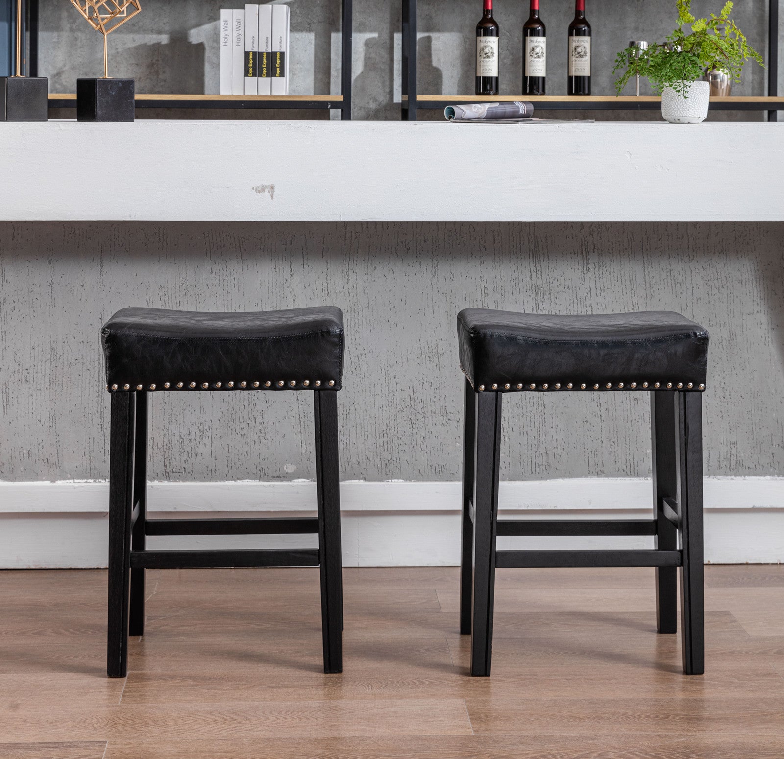 Counter Height 26" Bar Stools For Kitchen Counter Backless Faux Leather Stools Farmhouse Island Chairs 26 Inch, Black, Set Of 2 Black Foam Pu