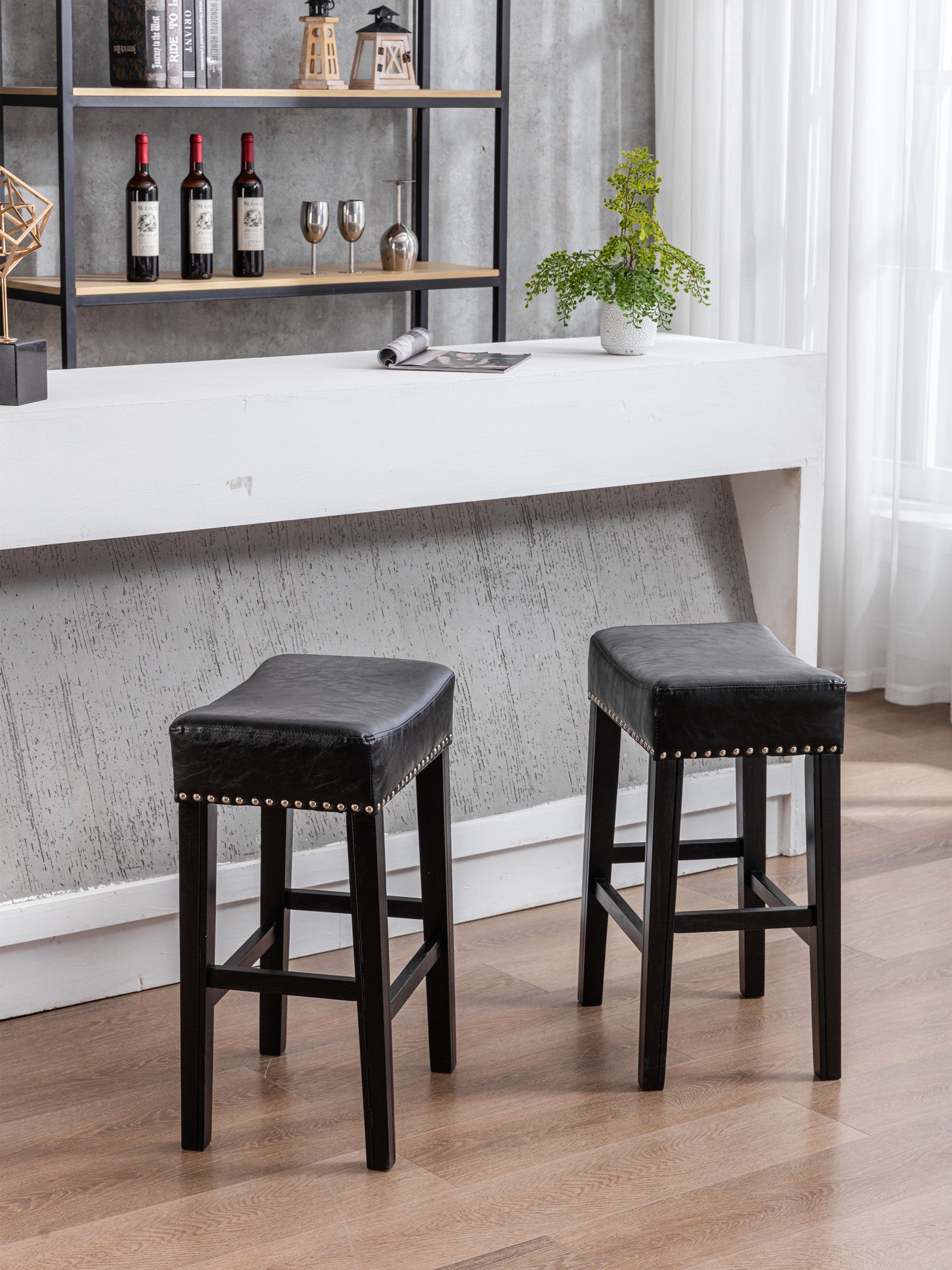 Counter Height 26" Bar Stools For Kitchen Counter Backless Faux Leather Stools Farmhouse Island Chairs 26 Inch, Black, Set Of 2 Black Foam Pu