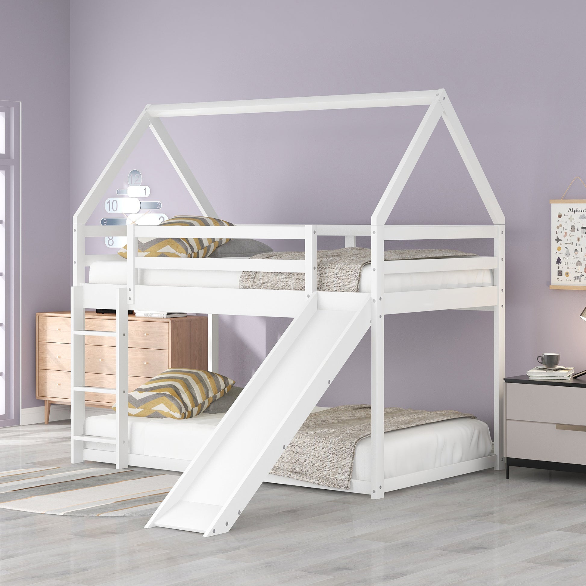 Twin Size Bunk House Bed With Slide And Ladder,White White Pine