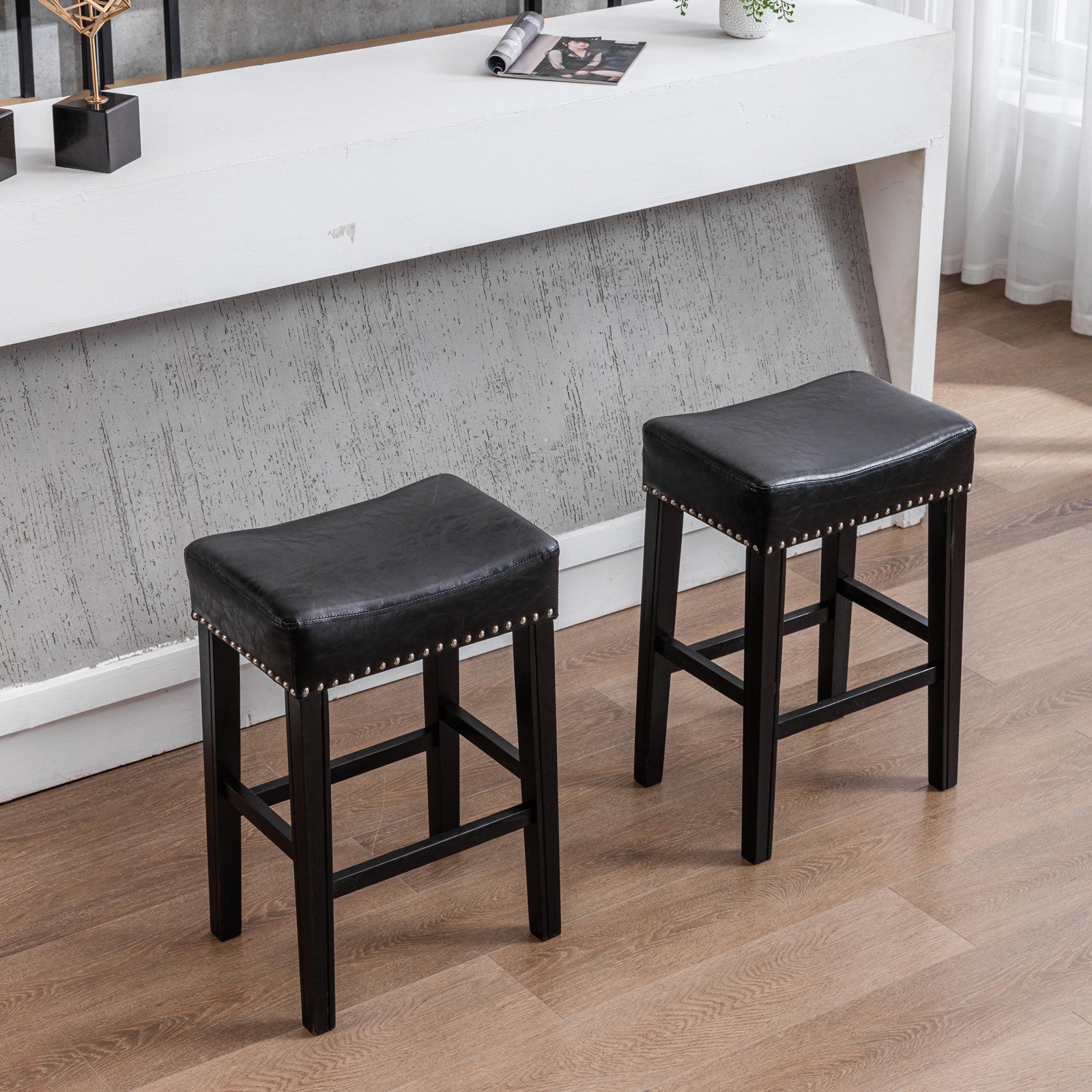 Counter Height 26" Bar Stools For Kitchen Counter Backless Faux Leather Stools Farmhouse Island Chairs 26 Inch, Black, Set Of 2 Black Foam Pu