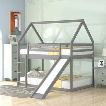 Twin Size Bunk House Bed With Slide And Ladder,Gray Twin Gray Pine