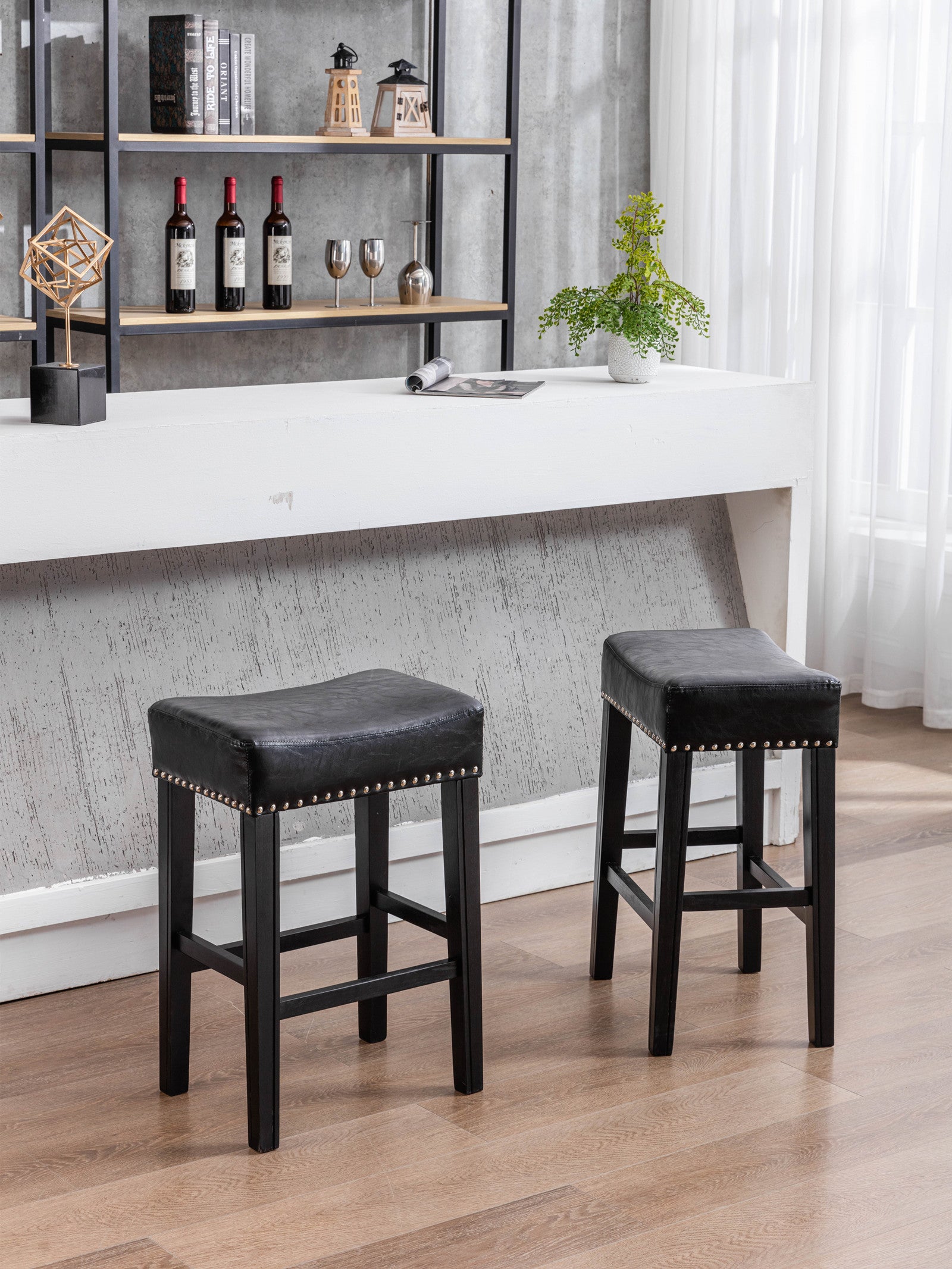 Counter Height 26" Bar Stools For Kitchen Counter Backless Faux Leather Stools Farmhouse Island Chairs 26 Inch, Black, Set Of 2 Black Foam Pu