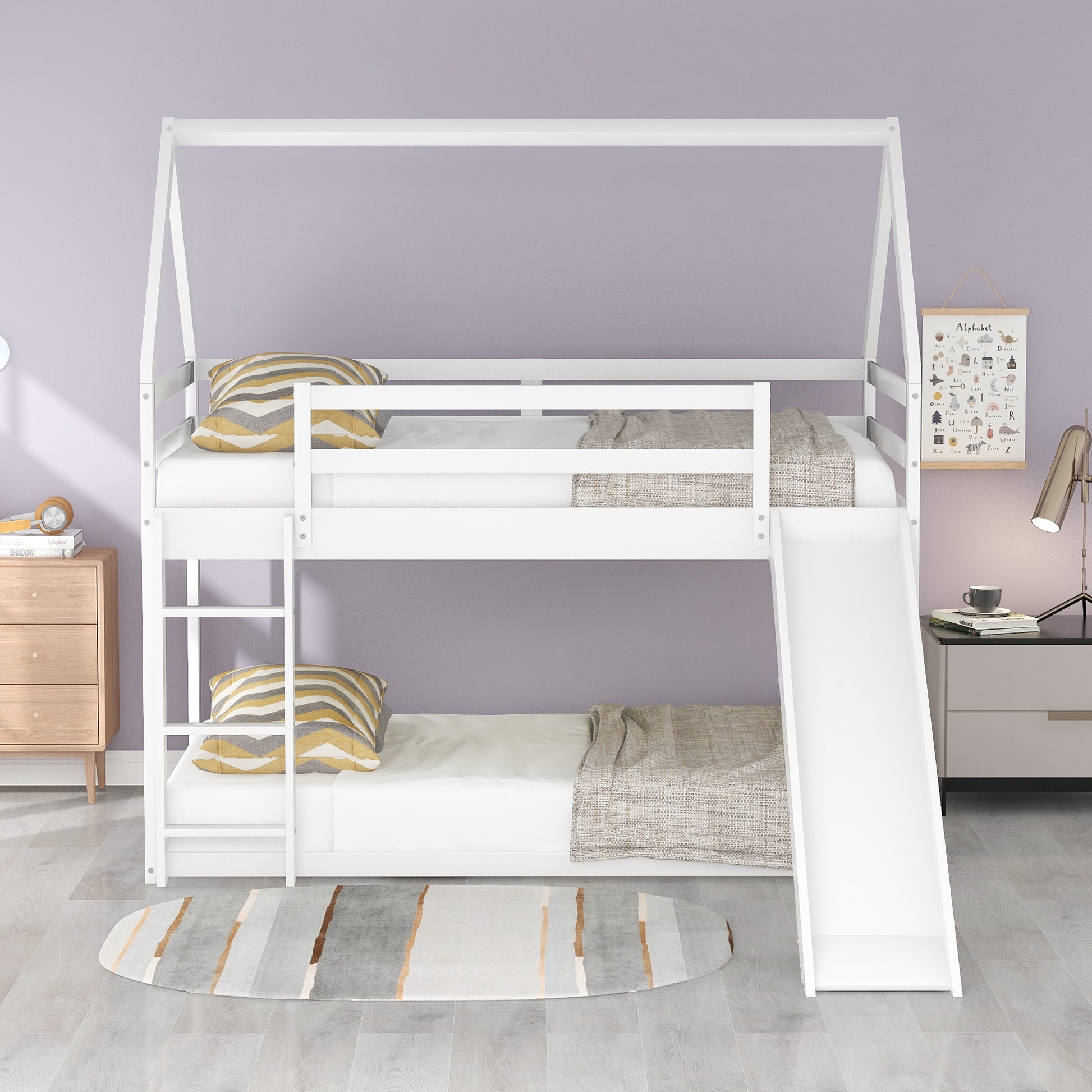 Twin Size Bunk House Bed With Slide And Ladder,White White Pine