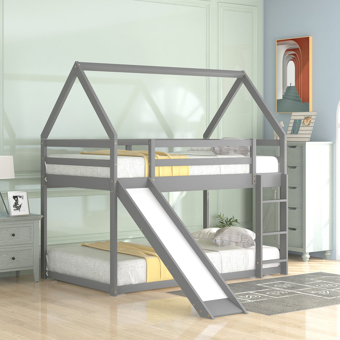 Twin Size Bunk House Bed With Slide And Ladder,Gray Twin Gray Pine