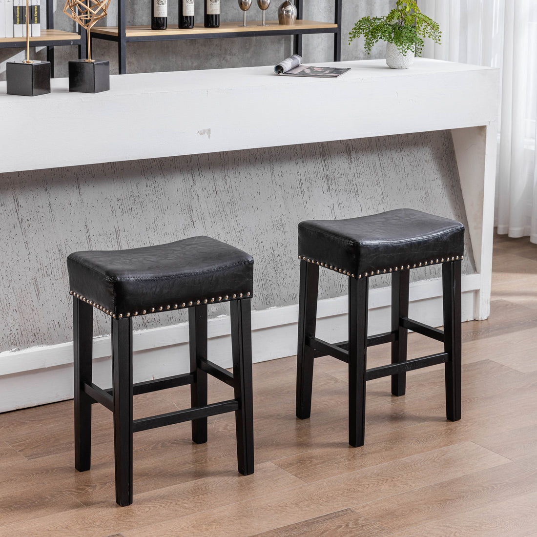 Counter Height 26" Bar Stools For Kitchen Counter Backless Faux Leather Stools Farmhouse Island Chairs 26 Inch, Black, Set Of 2 Black Foam Pu