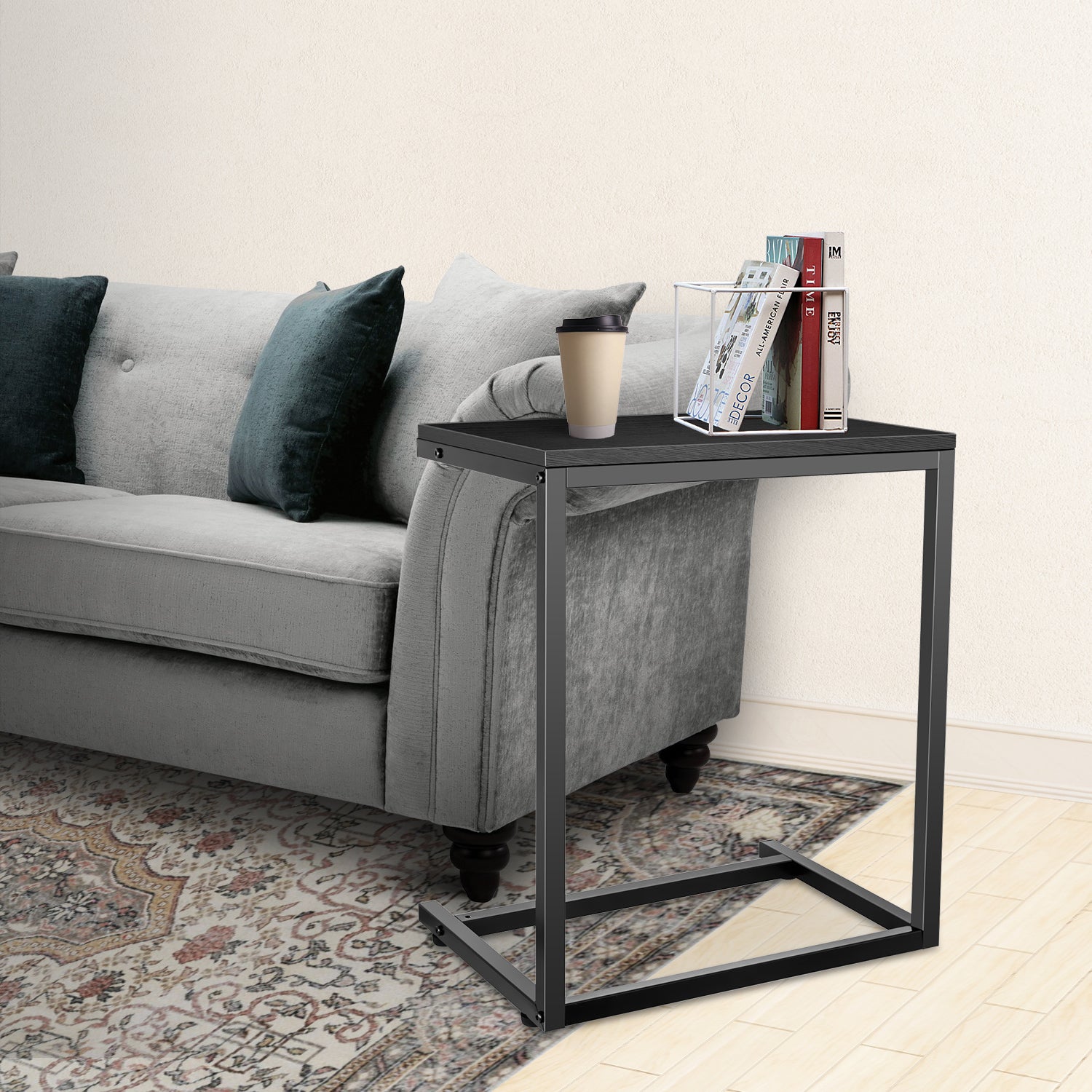 Yssoa C Shaped Sofa Side End Table With Hardwood Surface, 13.75" D X 21.75" W X 27" H, Black Black Solid Wood