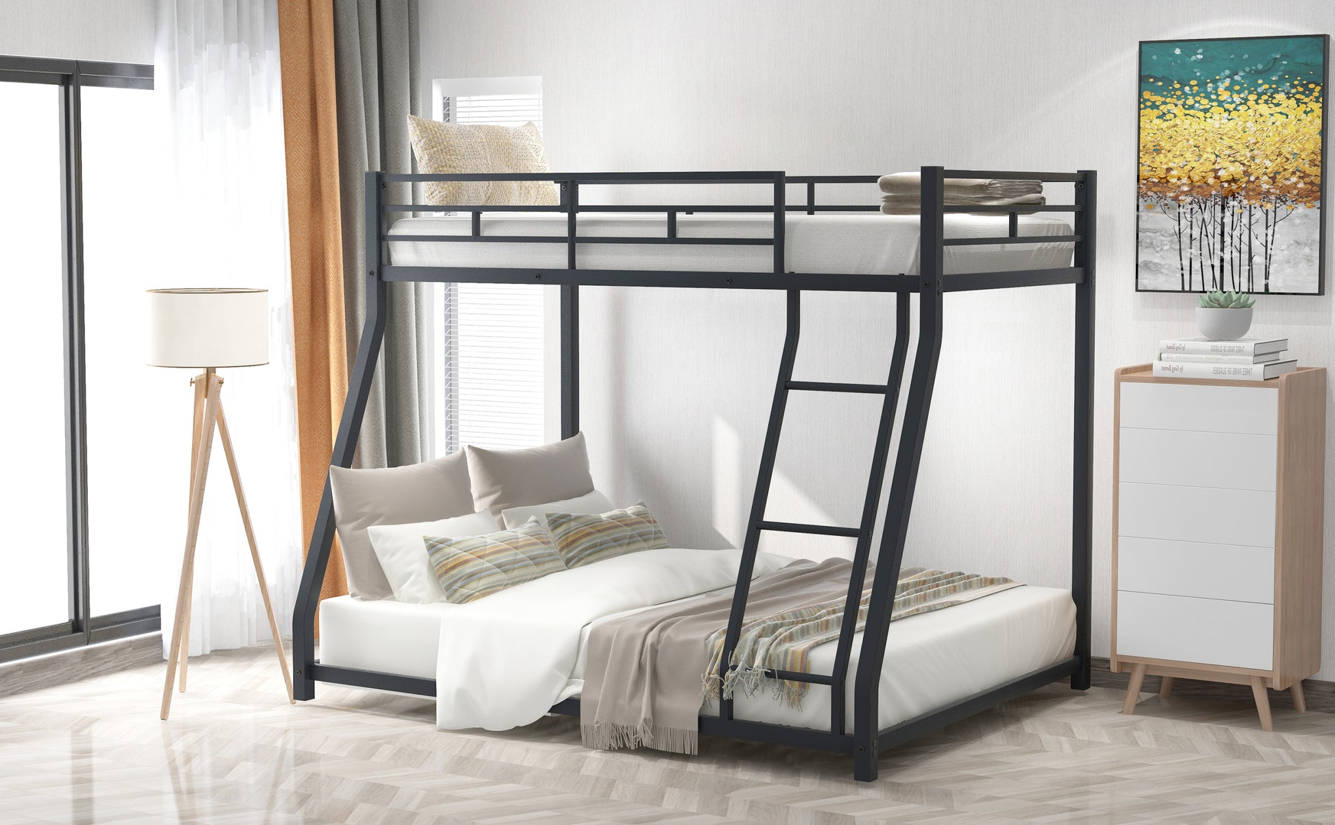 Metal Floor Bunk Bed, Twin Over Full,Black Old Sku:Mf193244Aab Black Metal