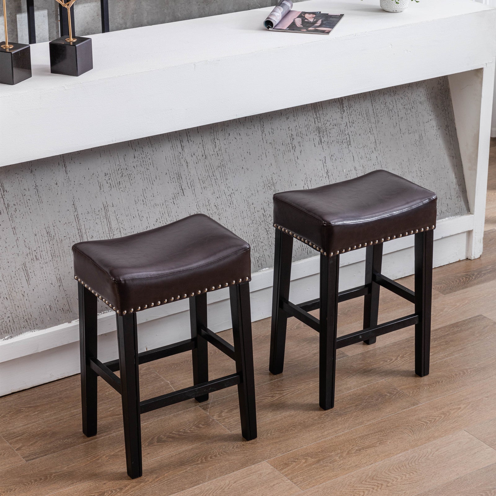 Counter Height 26" Bar Stools For Kitchen Counter Backless Faux Leather Stools Farmhouse Island Chairs 26 Inch, Brown, Set Of 2 Brown Foam Pu