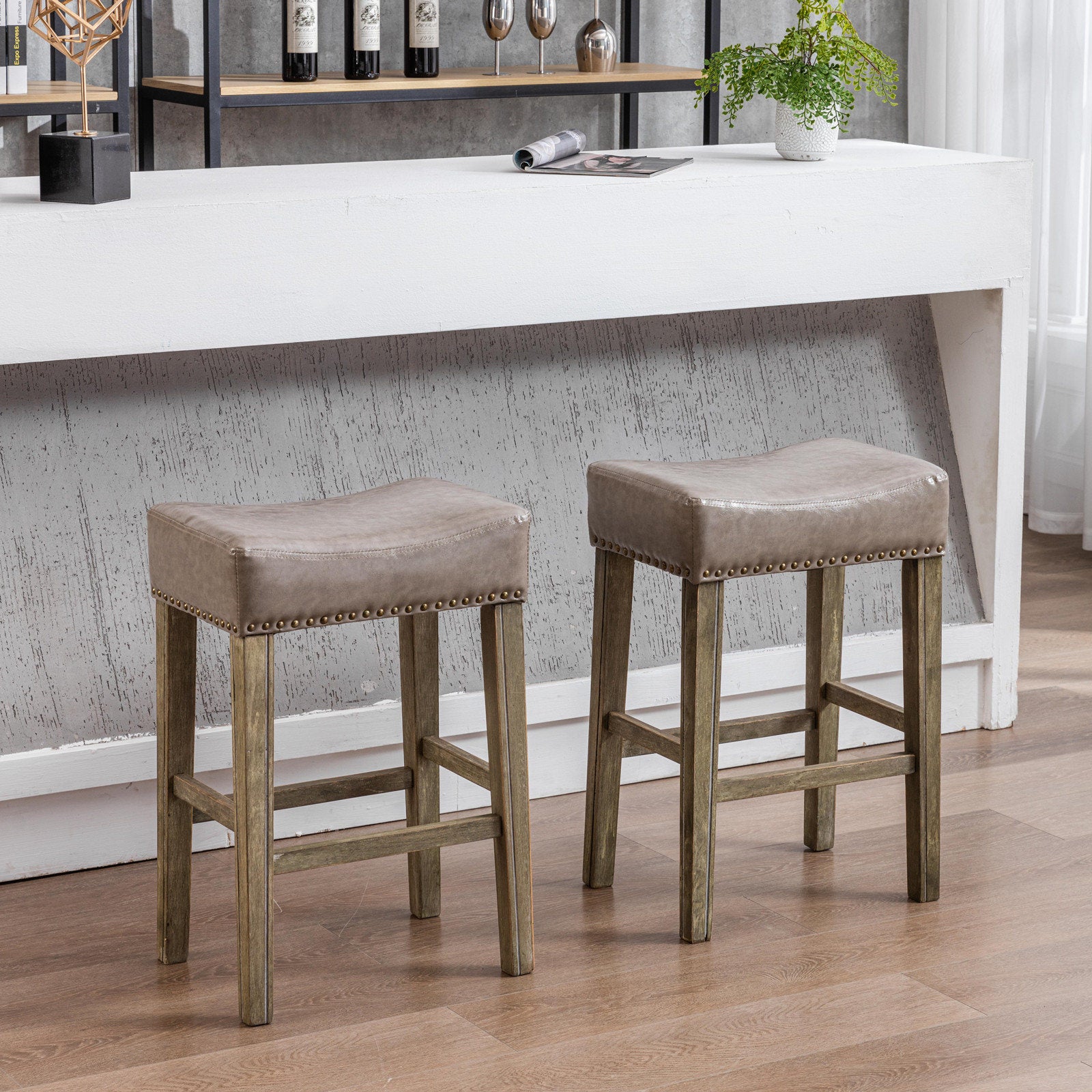 Counter Height 26" Bar Stools For Kitchen Counter Backless Faux Leather Stools Farmhouse Island Chairs 26 Inch, Gray, Set Of 2 Gray Foam Pu