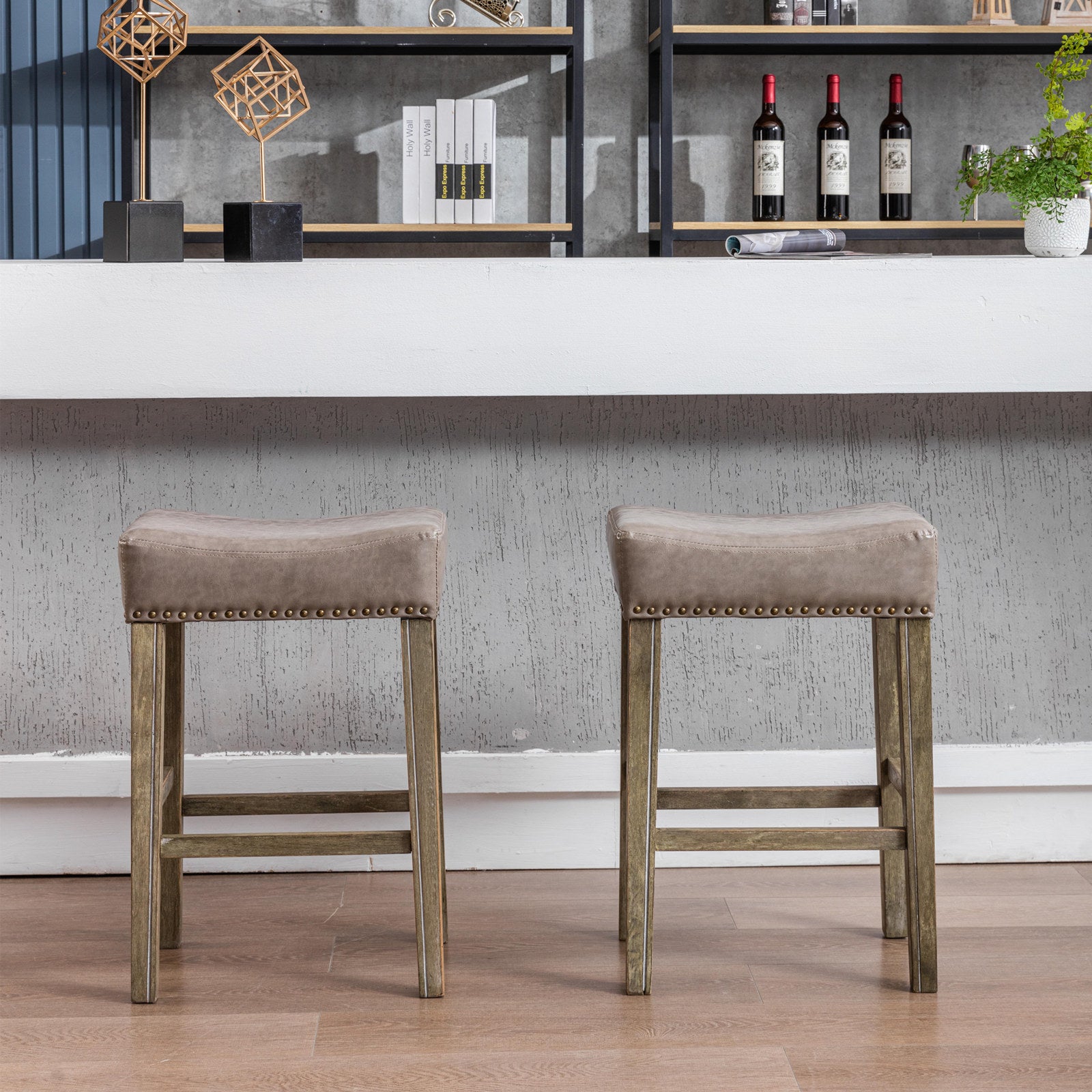 Counter Height 26" Bar Stools For Kitchen Counter Backless Faux Leather Stools Farmhouse Island Chairs 26 Inch, Gray, Set Of 2 Gray Foam Pu