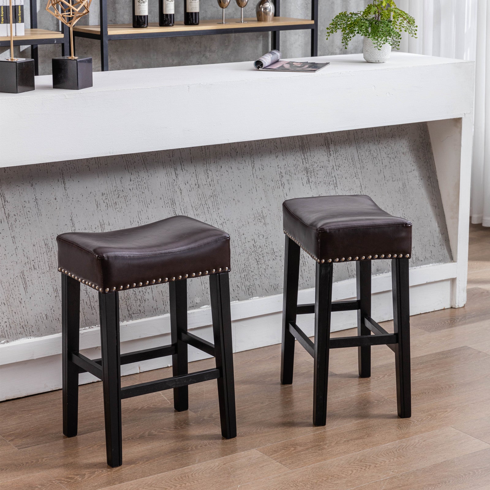 Counter Height 26" Bar Stools For Kitchen Counter Backless Faux Leather Stools Farmhouse Island Chairs 26 Inch, Brown, Set Of 2 Brown Foam Pu