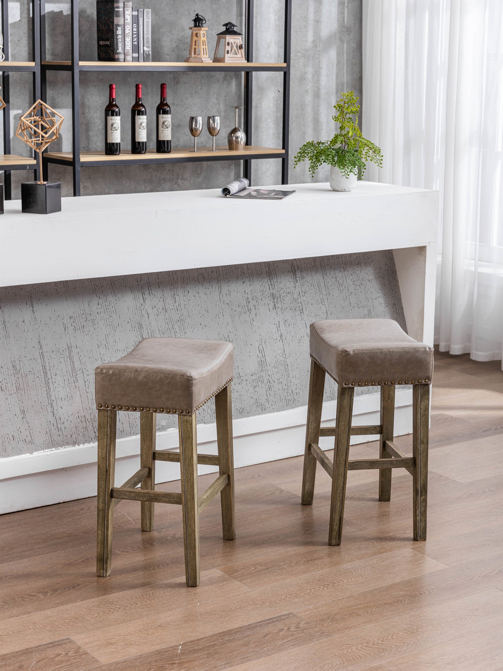 Counter Height 26" Bar Stools For Kitchen Counter Backless Faux Leather Stools Farmhouse Island Chairs 26 Inch, Gray, Set Of 2 Gray Foam Pu