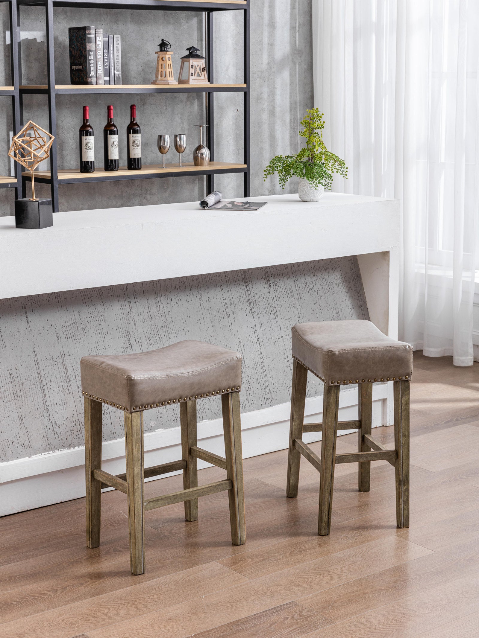 Counter Height 26" Bar Stools For Kitchen Counter Backless Faux Leather Stools Farmhouse Island Chairs 26 Inch, Gray, Set Of 2 Gray Foam Pu