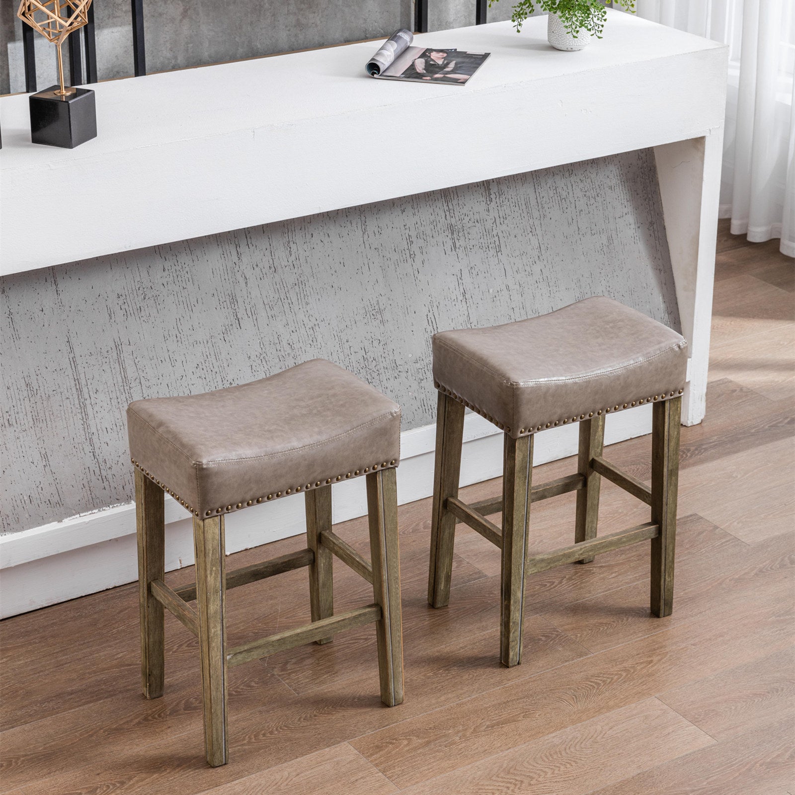 Counter Height 26" Bar Stools For Kitchen Counter Backless Faux Leather Stools Farmhouse Island Chairs 26 Inch, Gray, Set Of 2 Gray Foam Pu