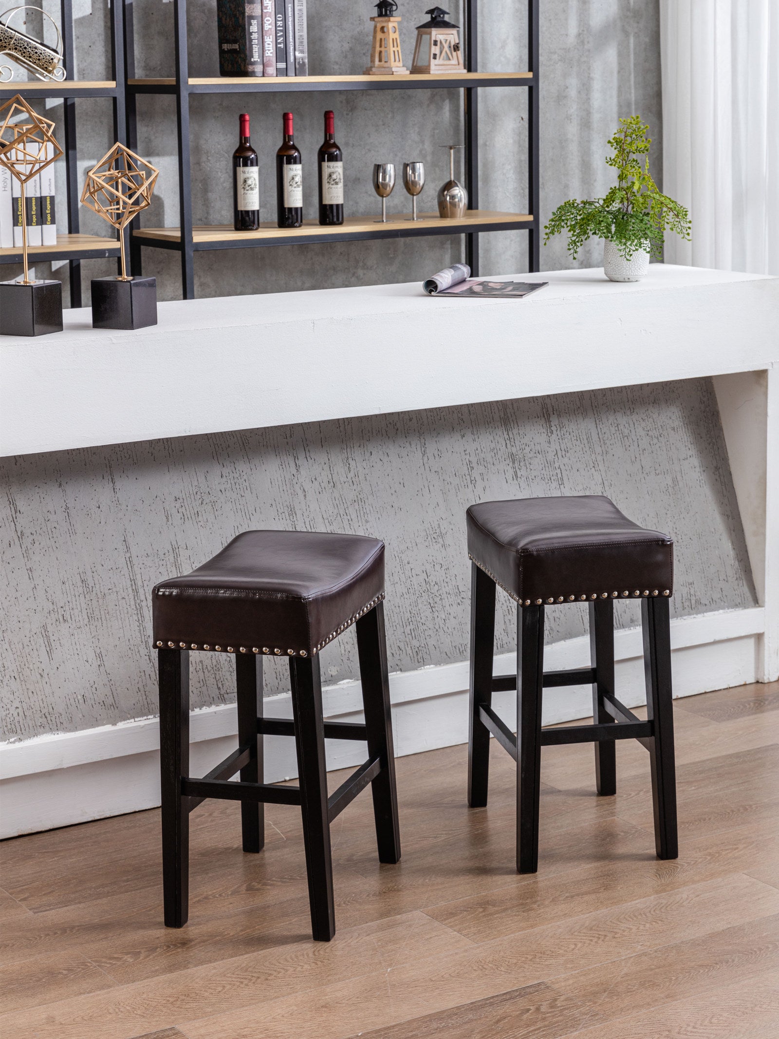 Counter Height 26" Bar Stools For Kitchen Counter Backless Faux Leather Stools Farmhouse Island Chairs 26 Inch, Brown, Set Of 2 Brown Foam Pu