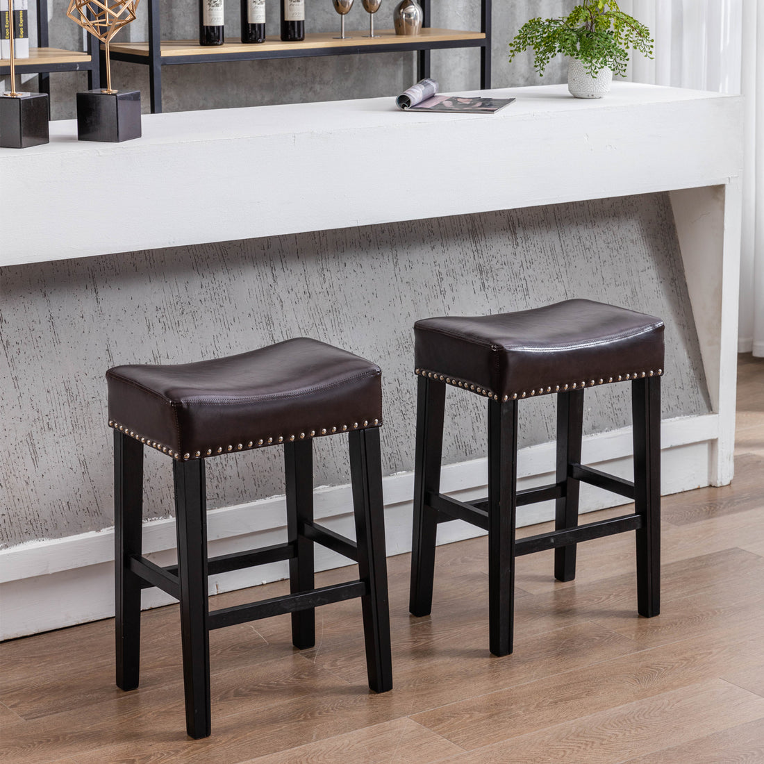 Counter Height 26" Bar Stools For Kitchen Counter Backless Faux Leather Stools Farmhouse Island Chairs 26 Inch, Brown, Set Of 2 Brown Foam Pu