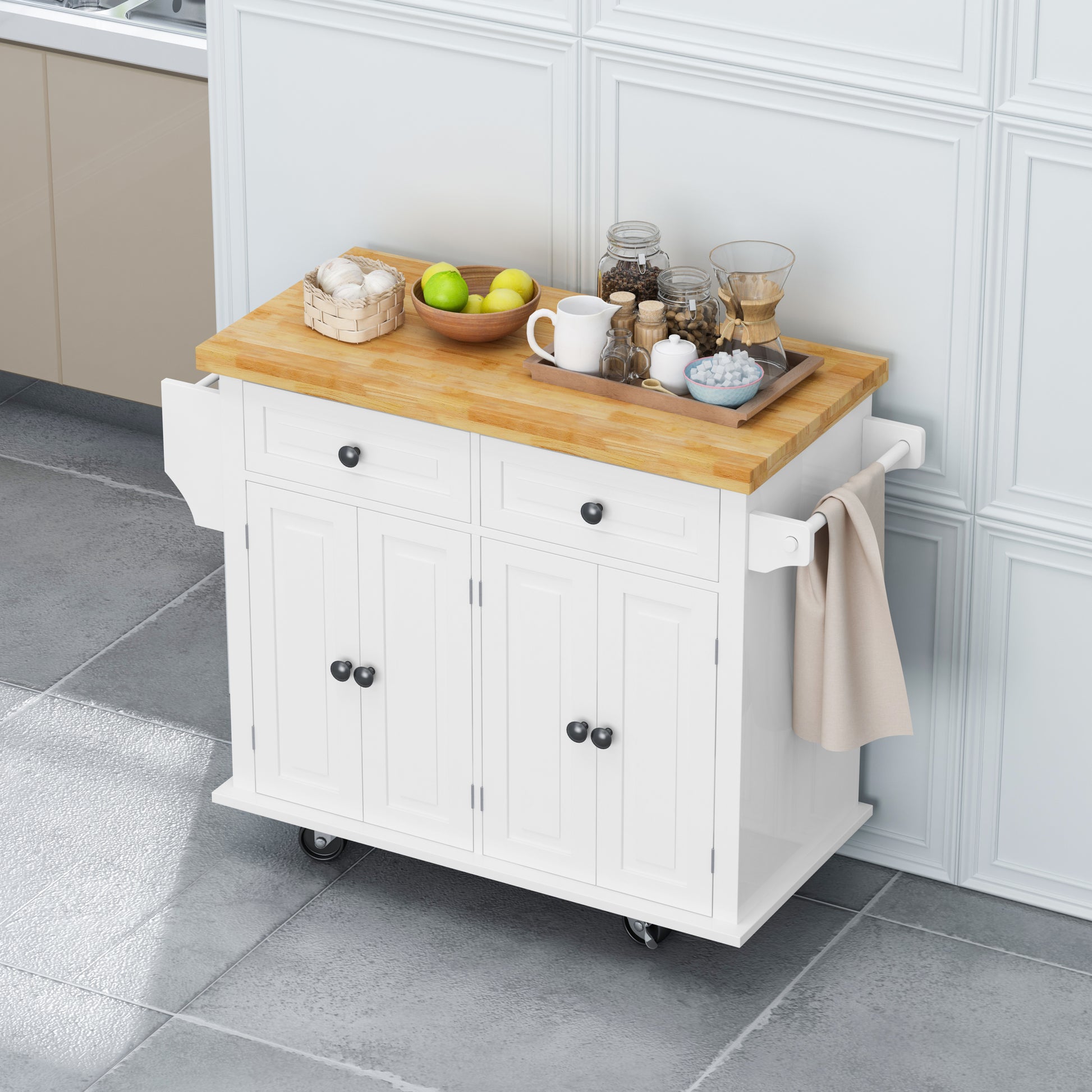 Kitchen Island Cart with Two Storage Cabinets and Two white-mdf