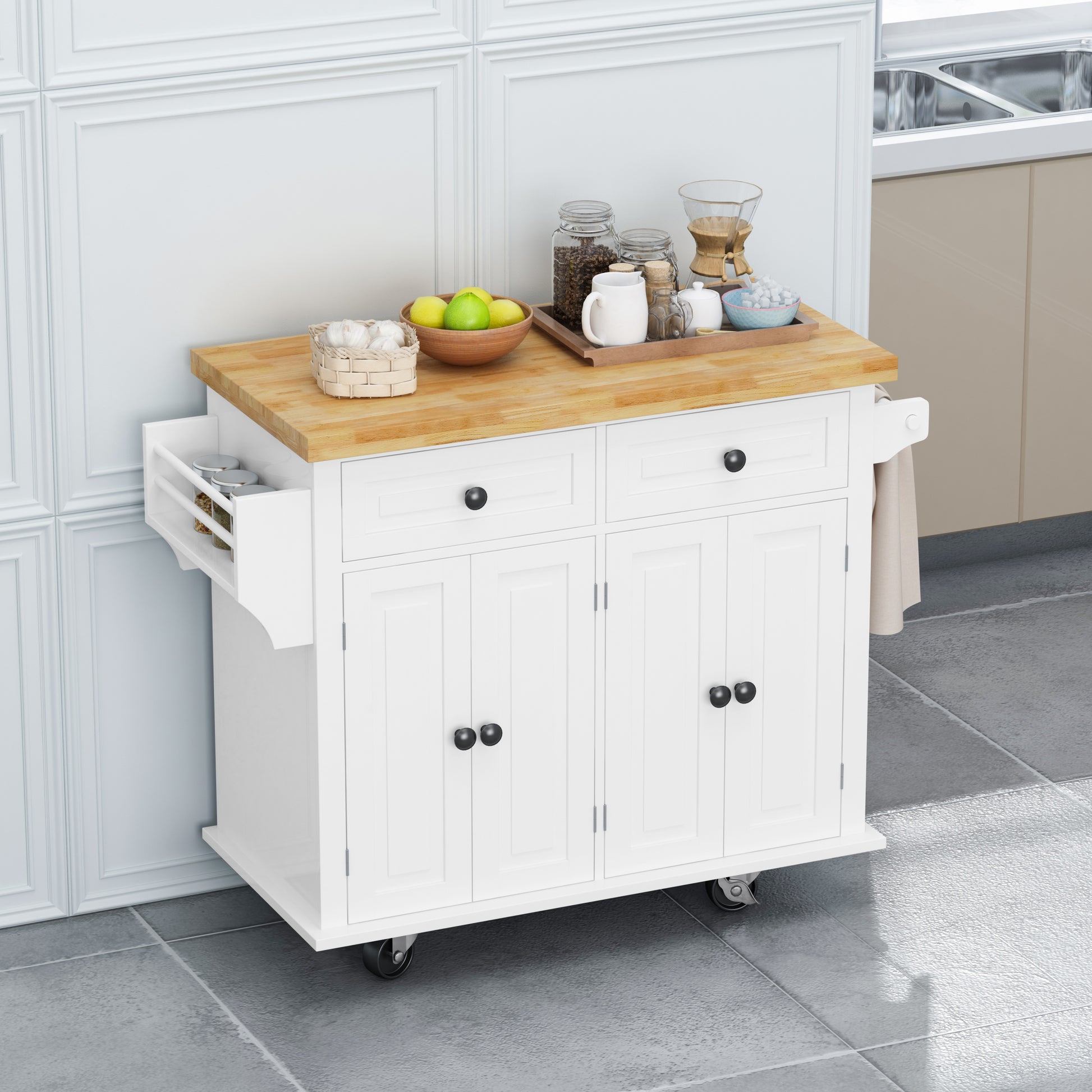 Kitchen Island Cart with Two Storage Cabinets and Two white-mdf