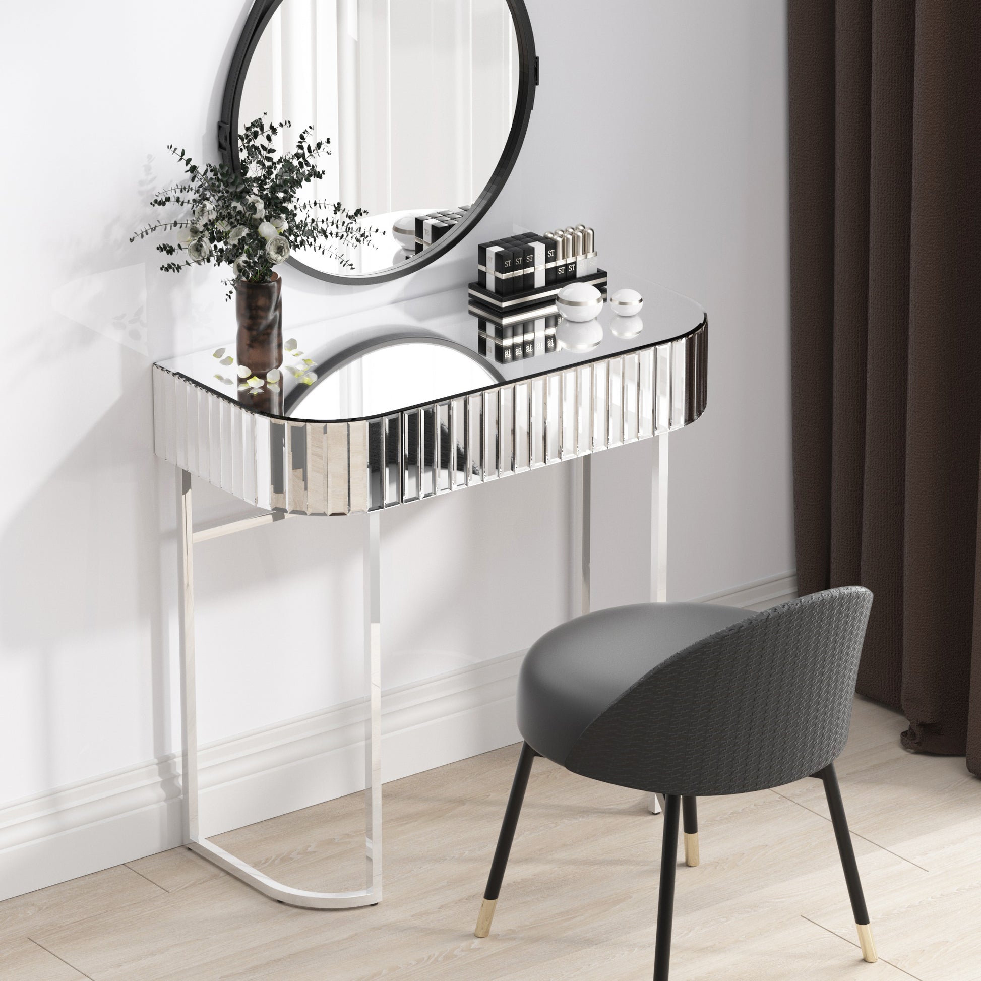 Mirrored Vanity Table, Mirrored Dressing Table, Stainless Steel Glossy Frame Desk For Bedroom Studio Office Gray Striped Mirrored Silver Glass