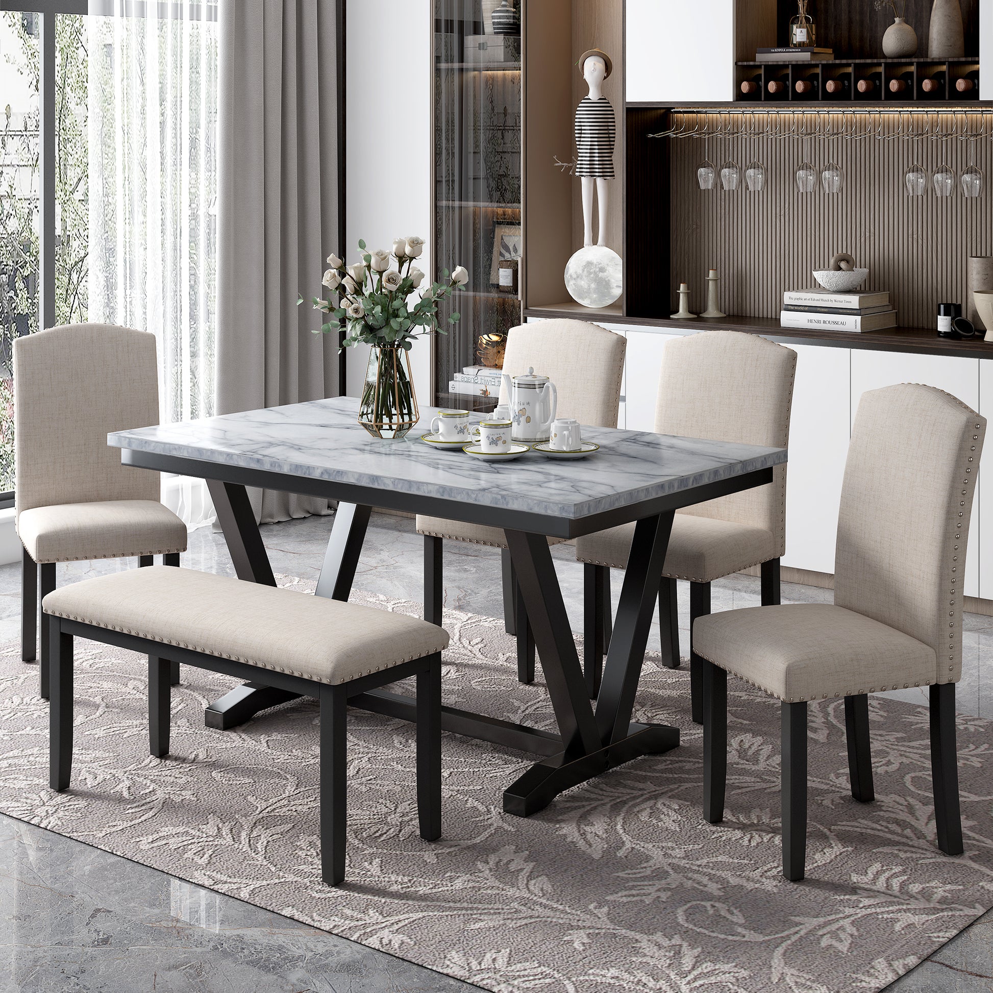 Modern Style 6 Piece Dining Table With 4 Chairs & 1 Bench, Table With Marbled Veneers Tabletop And V Shaped Table Legs White White Solid Wood