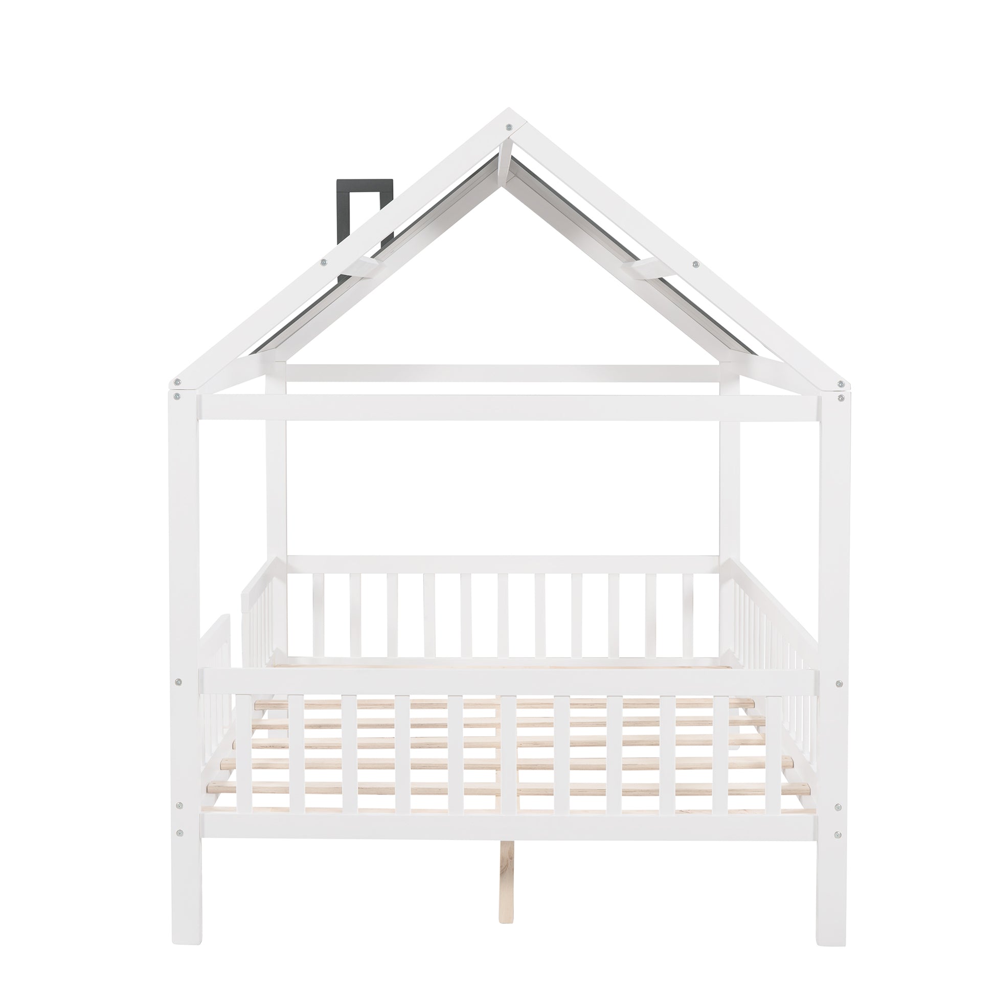 Full Size Wood House Bed With Fence, White Gray White Solid Wood