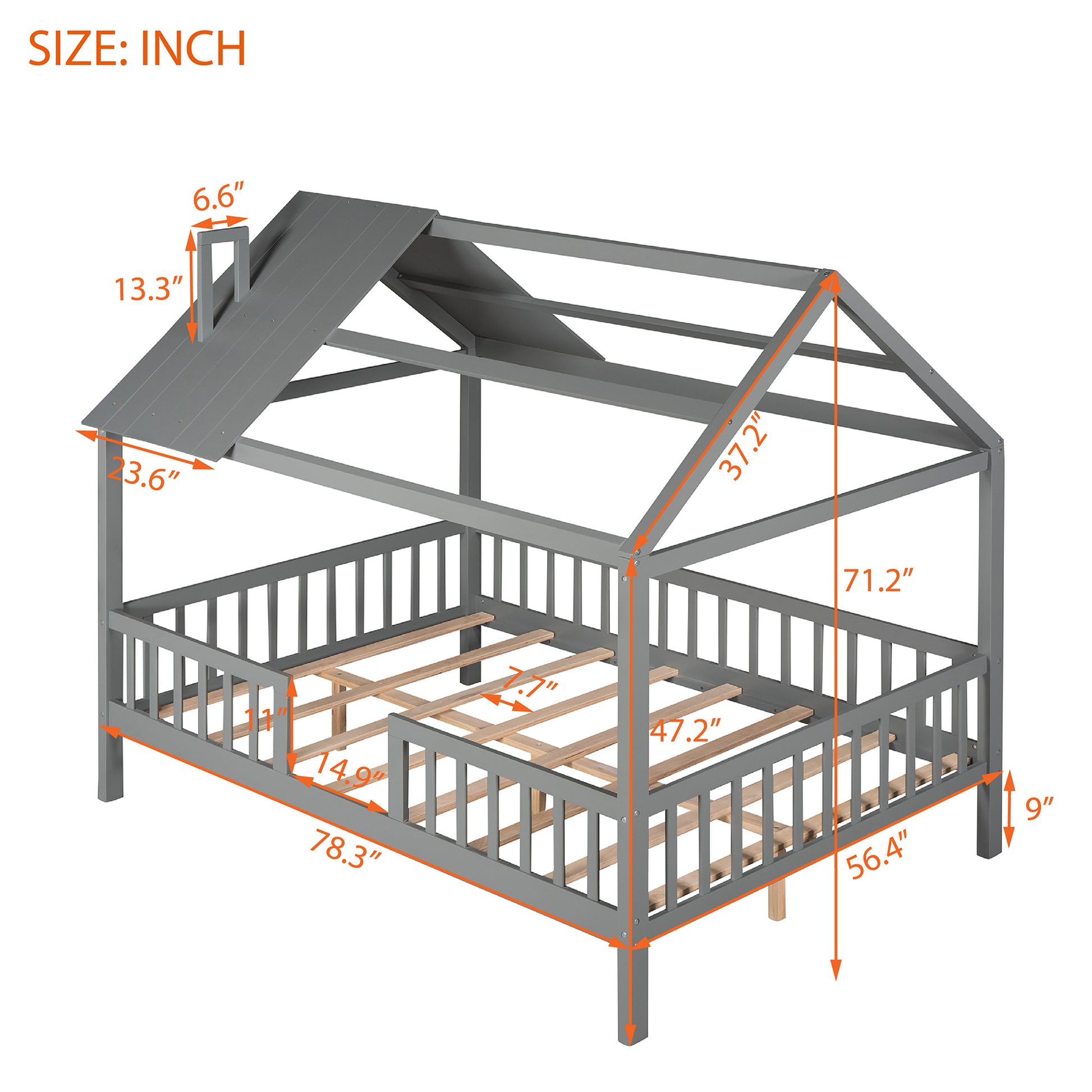 Full Size Wood House Bed With Fence, Gray Gray Solid Wood