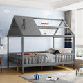 Full Size Wood House Bed With Fence, Gray Gray Solid Wood